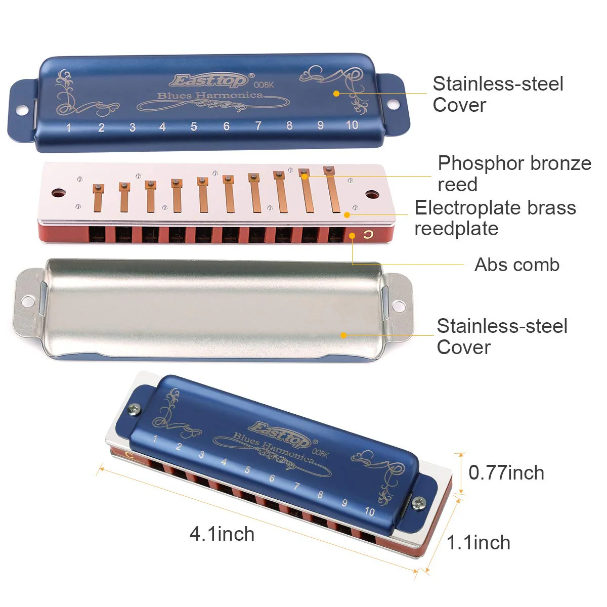 Easttop Professional Harmonica Blues Key of C 10 Hole 20 Tone Heavy Duty with Case & Cleaning Cloth for Professional Player, Beginner, Students, Best Gift - Image 5