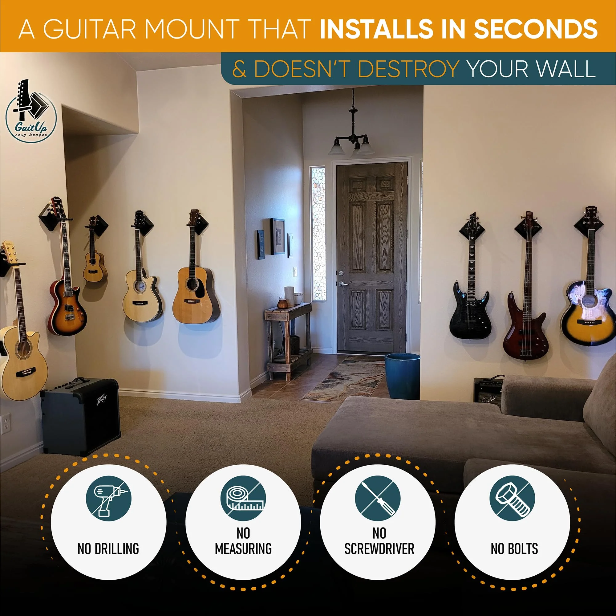 Easy Hanger Guitar Wall Mounted Instrument Hanger, No Tools and No Anchor Bolts Needed, Strong, Sturdy, Drywall-Friendly, Apartment-Friendly, Installs in Seconds (Made in The USA) - Image 2
