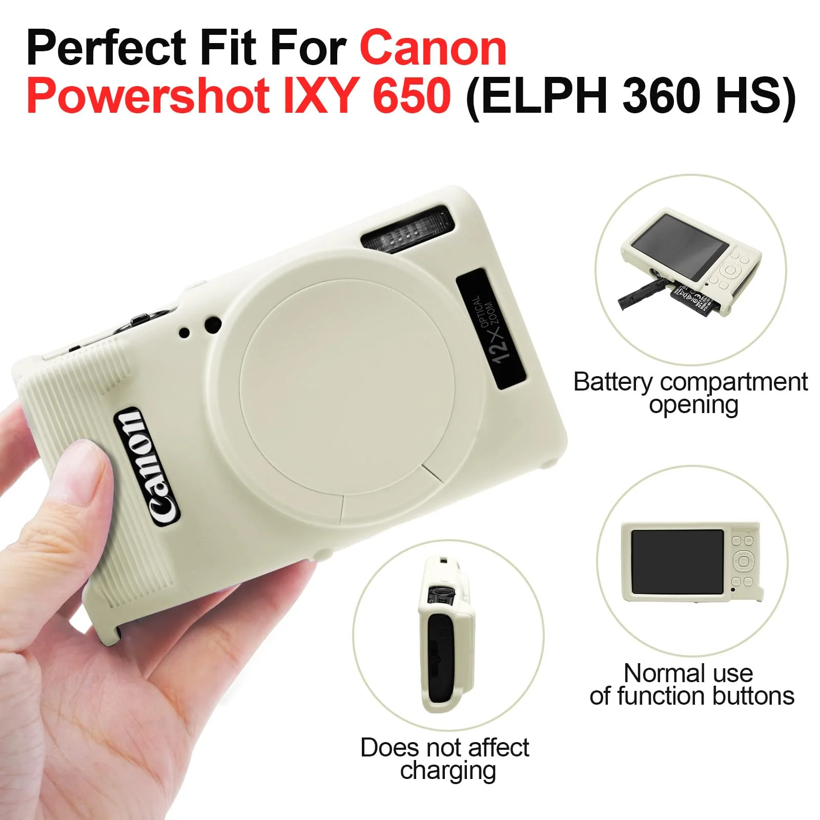 Easy Hood Case for Canon PowerShot IXY 650/ELPH 360 Camera, Soft Silicone Camera Cover with Removable Lens Cap, Slim Fit Anti-Scratch Carrying Protective Case Camera Body Skin Sleeve(Beige) Beige - Image 5