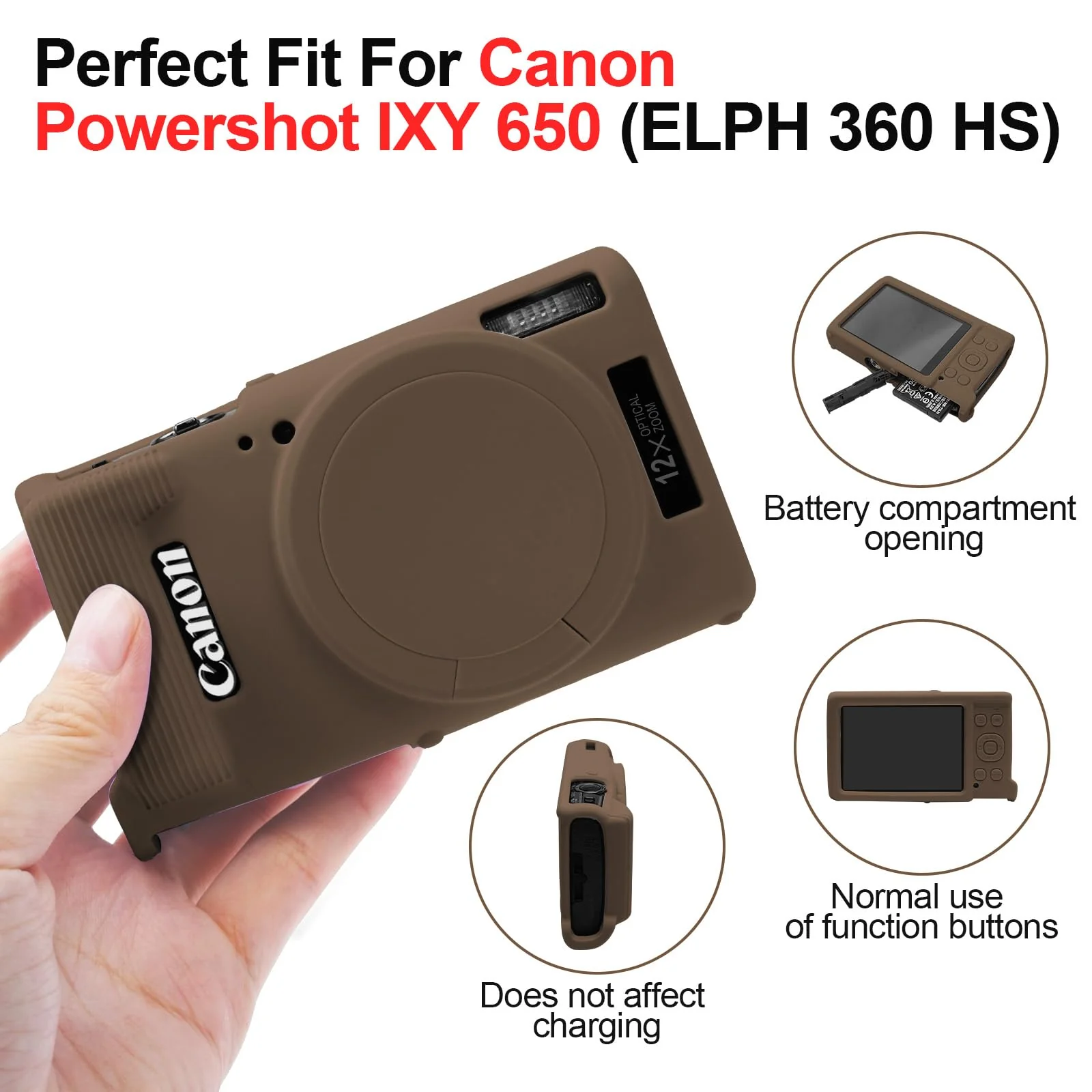 Easy Hood Case for Canon PowerShot IXY 650/ELPH 360 Camera, Soft Silicone Camera Cover with Removable Lens Cap, Slim Fit Anti-Scratch Carrying Protective Case Camera Body Skin Sleeve(Brown) Brown - Image 5