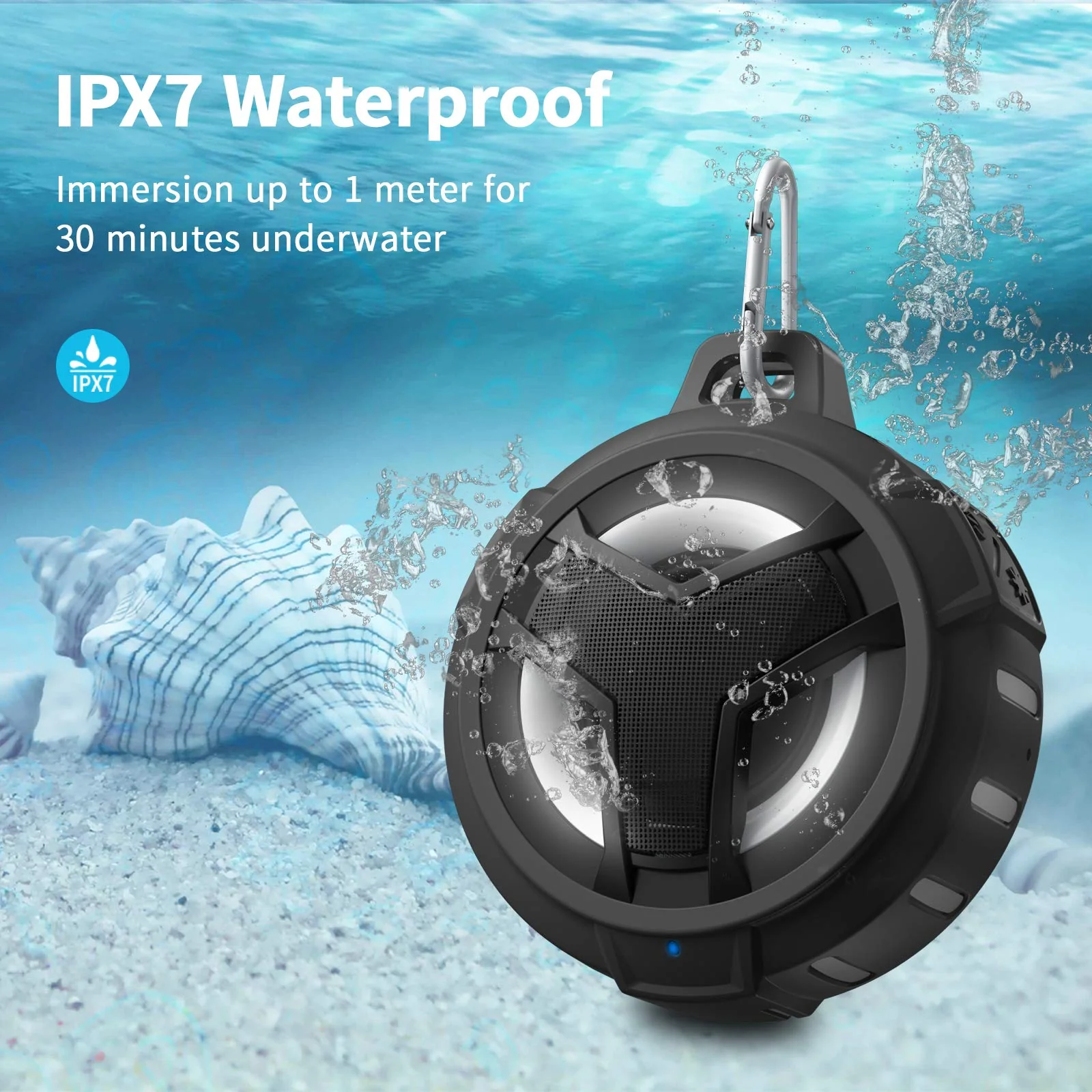 EBODA Bluetooth Shower Speaker, Portable Bluetooth Speakers, IP67 Waterproof Wireless Speaker with LED Light, Floating, 2000mAh, True Wireless Stereo for Kayak, Beach, Gifts for unisex -Black Black - Image 2