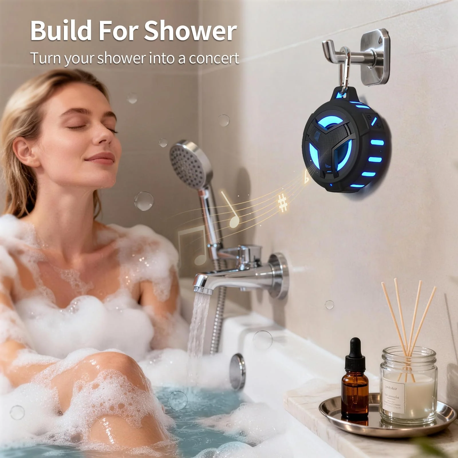 EBODA Bluetooth Shower Speaker, Portable Bluetooth Speakers, IP67 Waterproof Wireless Speaker with LED Light, Floating, 2000mAh, True Wireless Stereo for Kayak, Beach, Gifts for unisex -Black Black - Image 3