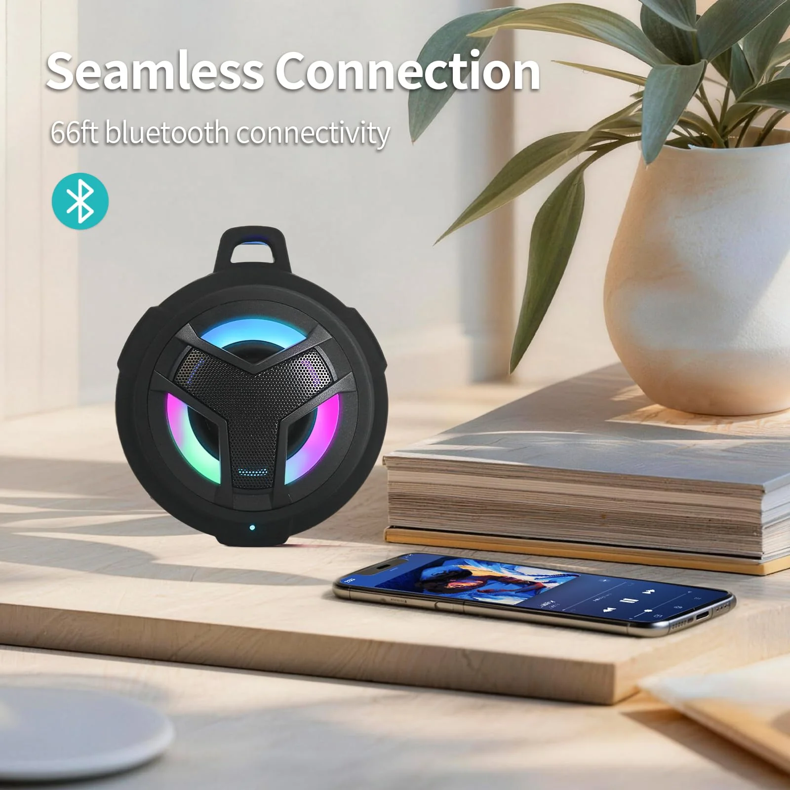 EBODA Bluetooth Shower Speaker, Portable Bluetooth Speakers, IP67 Waterproof Wireless Speaker with LED Light, Floating, 2000mAh, True Wireless Stereo for Kayak, Beach, Gifts for unisex -Black Black - Image 6