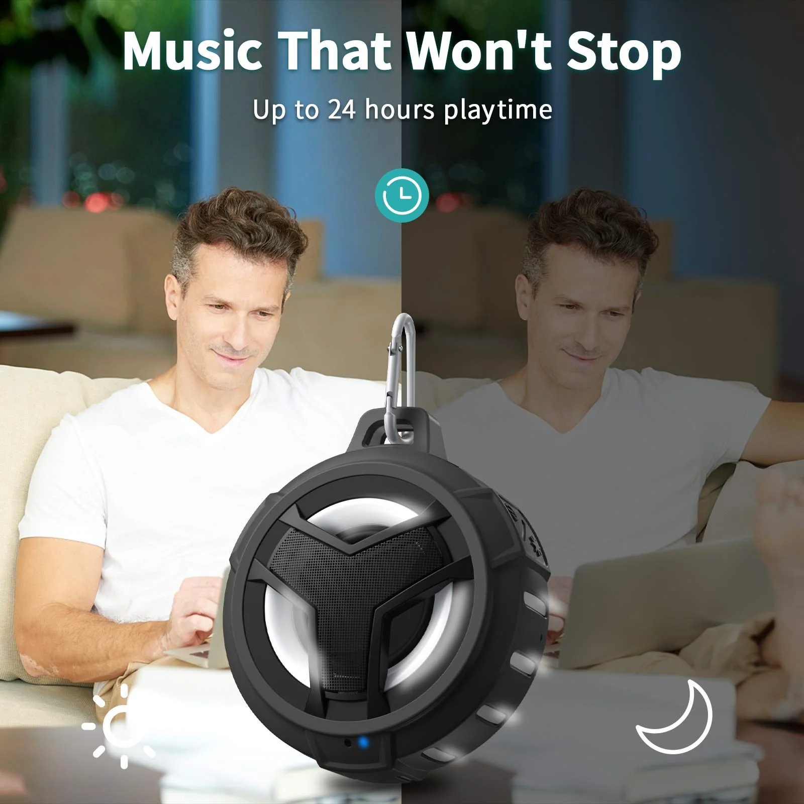 EBODA Bluetooth Shower Speaker, Portable Bluetooth Speakers, IP67 Waterproof Wireless Speaker with LED Light, Floating, 2000mAh, True Wireless Stereo for Kayak, Beach, Gifts for unisex -Black Black - Image 7