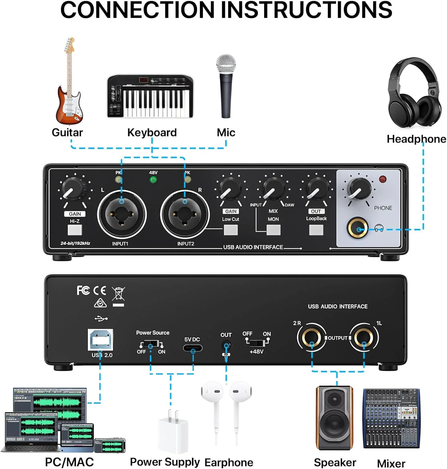 EBXYA 2i2 USB Audio Interface for PC Recording, 24-bit/192kHz Plug and Play USB Interface +48V Phantom Power for Music, Studio, Guitar, Podcast, Streaming No Software Included(Metallic Black) Audio Interface-Black - Image 2