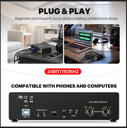EBXYA 2i2 USB Audio Interface for PC Recording, 24-bit/192kHz Plug and Play USB Interface +48V Phantom Power for Music, Studio, Guitar, Podcast, Streaming No Software Included(Metallic Black) Audio Interface-Black - Image 3