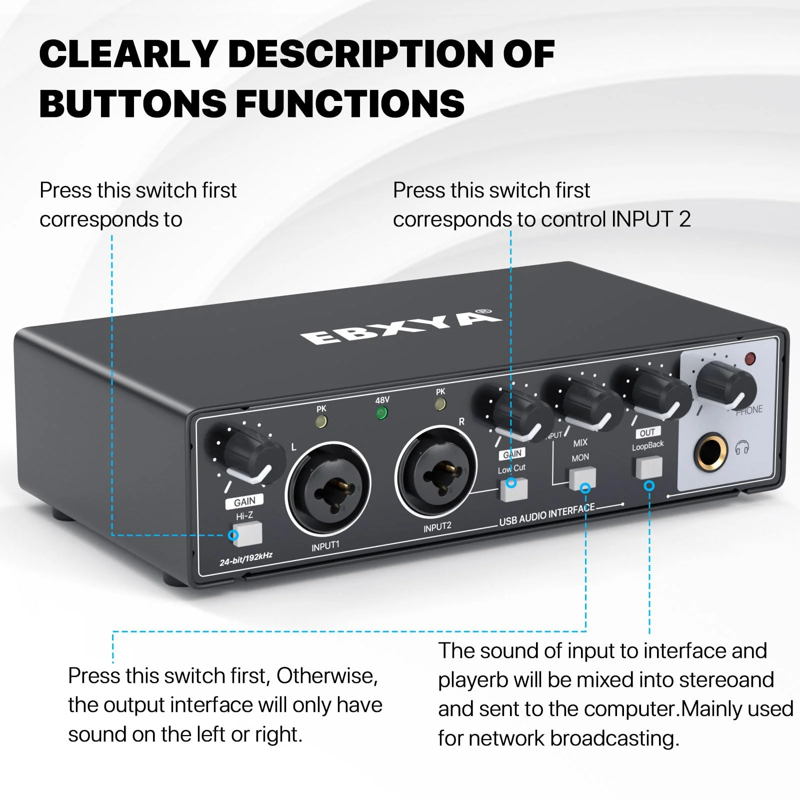 EBXYA 2i2 USB Audio Interface for PC Recording, 24-bit/192kHz Plug and Play USB Interface +48V Phantom Power for Music, Studio, Guitar, Podcast, Streaming No Software Included(Metallic Black) Audio Interface-Black - Image 5