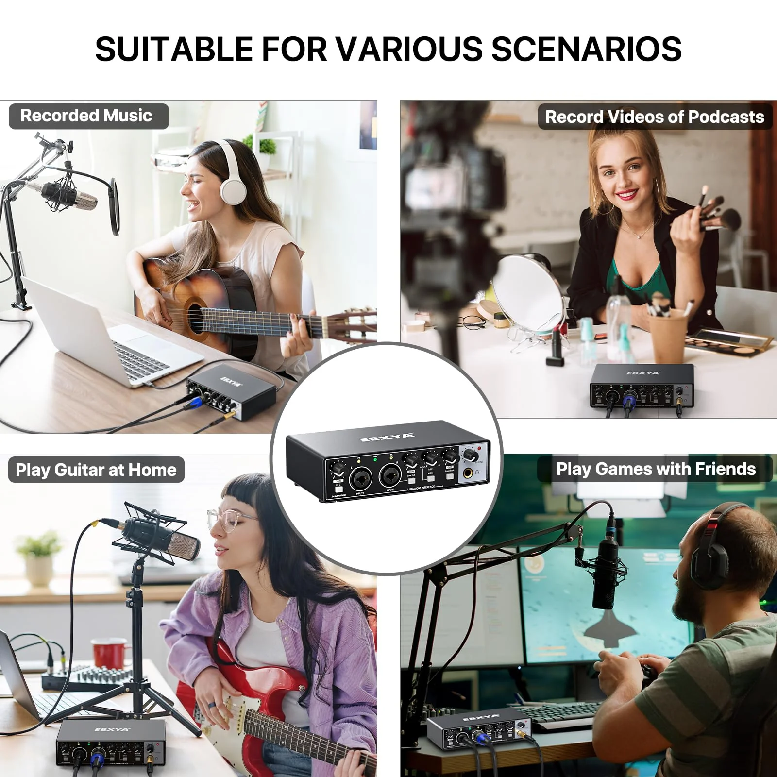 EBXYA 2i2 USB Audio Interface for PC Recording, 24-bit/192kHz Plug and Play USB Interface +48V Phantom Power for Music, Studio, Guitar, Podcast, Streaming No Software Included(Metallic Black) Audio Interface-Black - Image 7