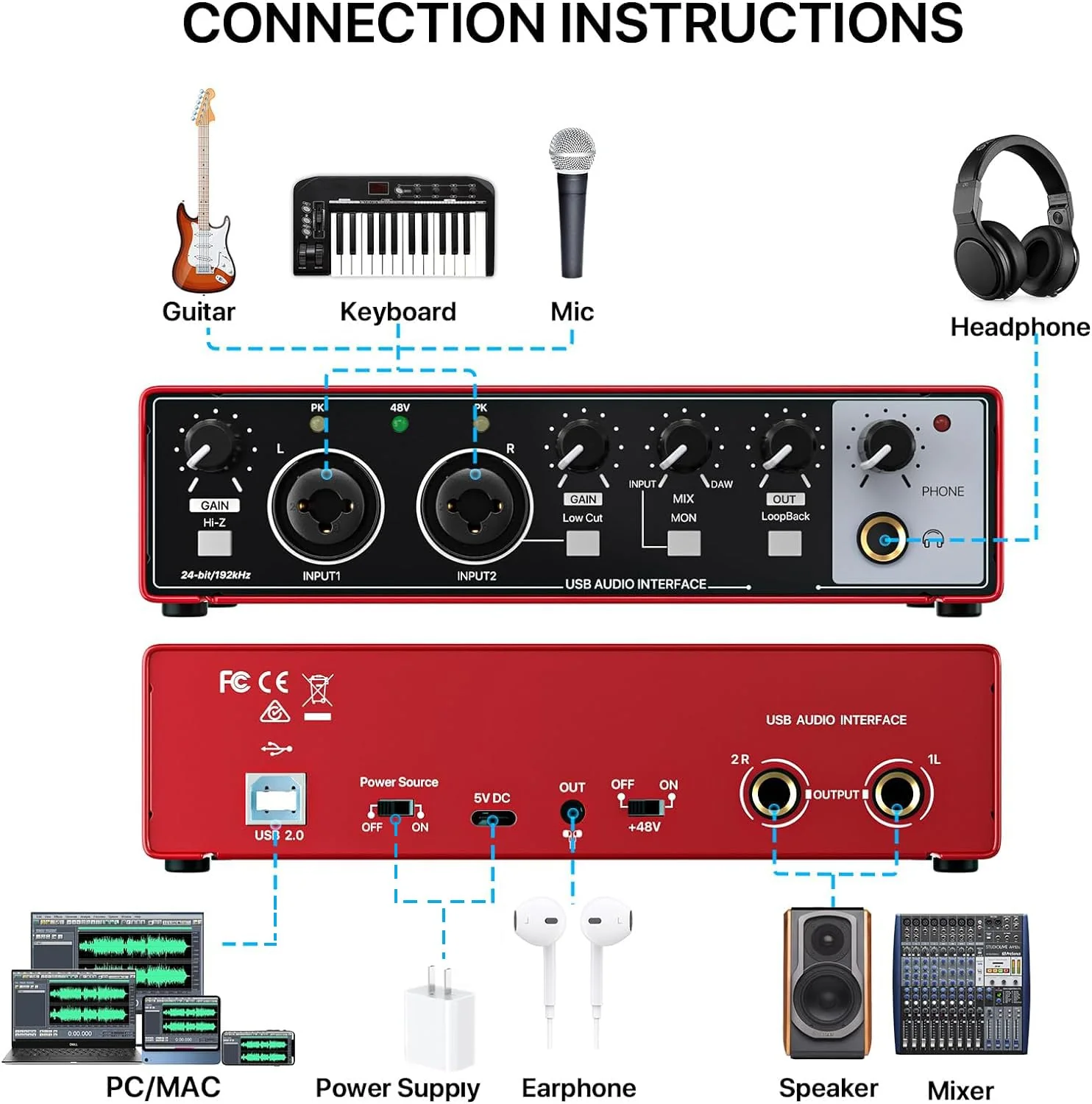EBXYA 2i2 USB Audio Interface for PC Recording, 24-bit/192kHz Plug and Play USB Interface +48V Phantom Power for Music, Studio, Guitar, Podcast, Streaming(Metallic Red) Audio Interface-Red - Image 2
