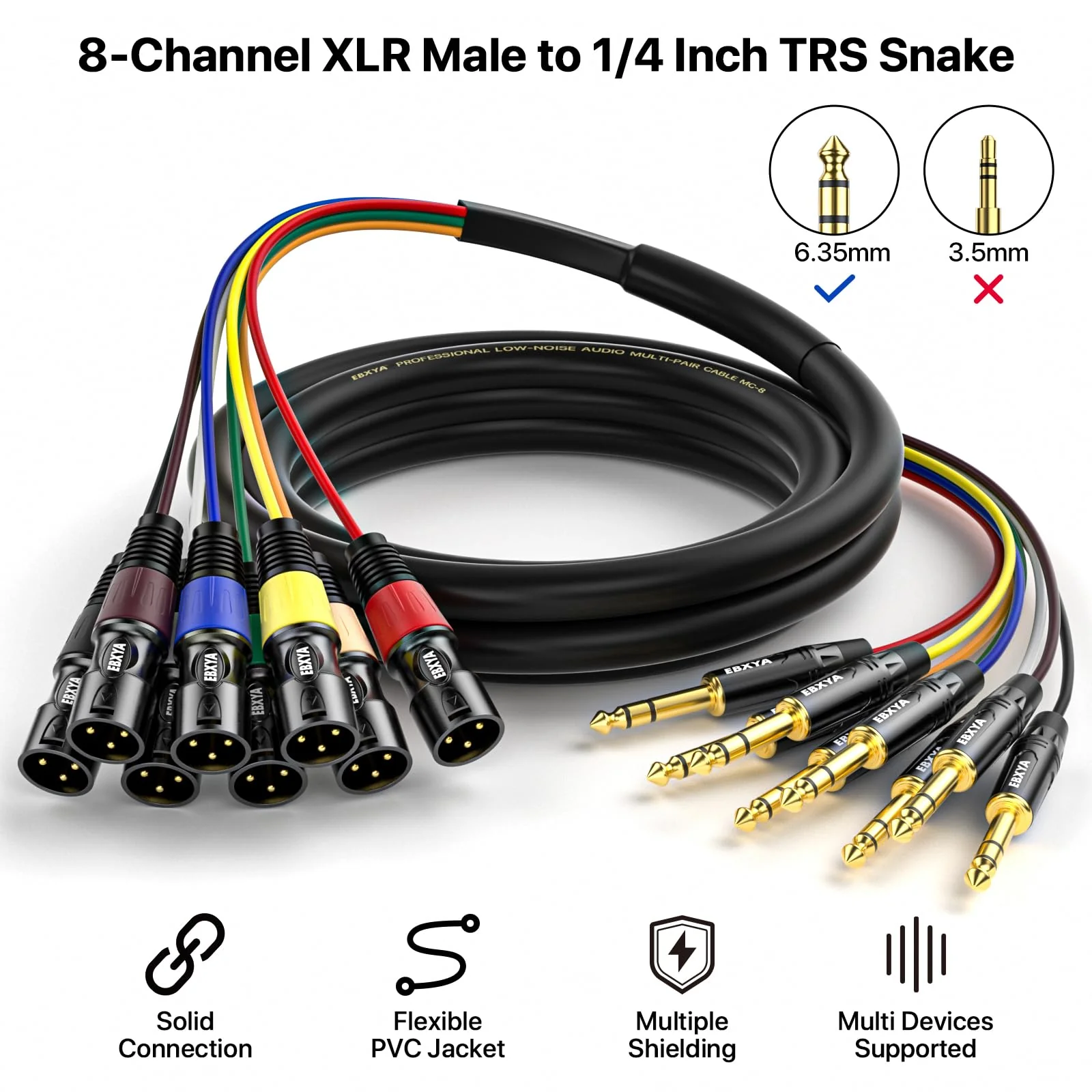 EBXYA 8 Channel 1/4 Inch TRS to XLR Snake Cables, 6.35mm Male Jack Stereo Audio Balanced Line to XLR Cables, 10 Feet 1 Pack 8-Channel 10 Feet TRS to XLR Male Black - Image 2