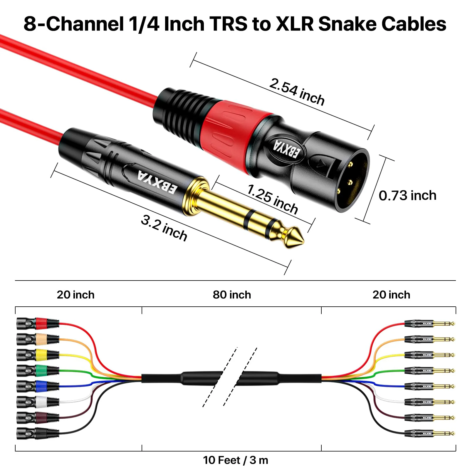 EBXYA 8 Channel 1/4 Inch TRS to XLR Snake Cables, 6.35mm Male Jack Stereo Audio Balanced Line to XLR Cables, 10 Feet 1 Pack 8-Channel 10 Feet TRS to XLR Male Black - Image 6