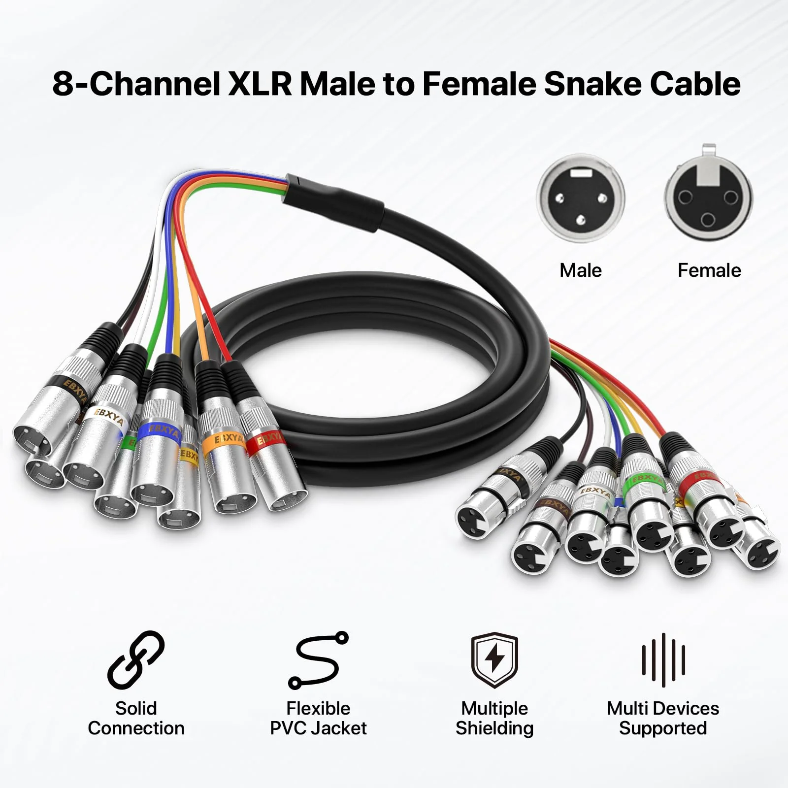 EBXYA 8 Channel XLR Snake Cables 10ft, 8 Colored XLR Male to Female Snake Cables, 1 Pack 8-Channel 10 Feet Black - Image 3