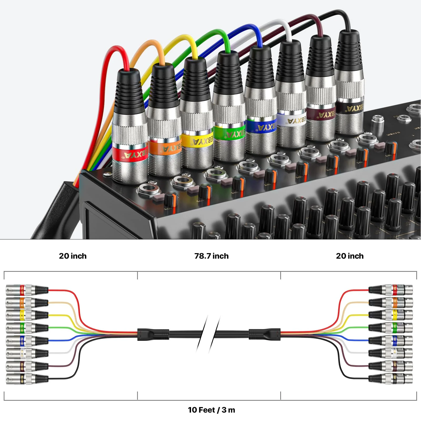 EBXYA 8 Channel XLR Snake Cables 10ft, 8 Colored XLR Male to Female Snake Cables, 1 Pack 8-Channel 10 Feet Black - Image 7
