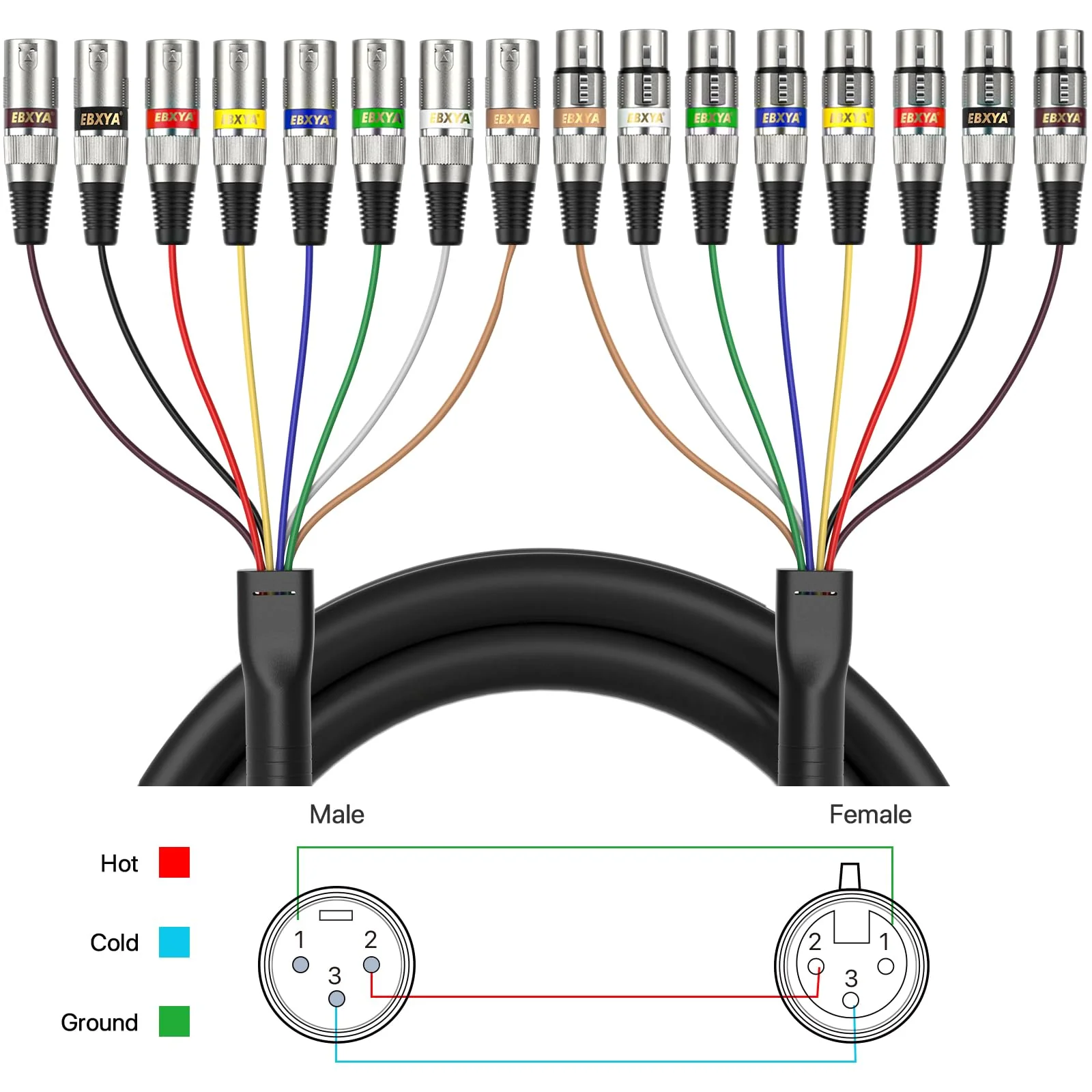 EBXYA 8 Channel XLR Snake Cables 10ft, 8 Colored XLR Male to Female Snake Cables, 1 Pack 8-Channel 10 Feet Black - Image 8