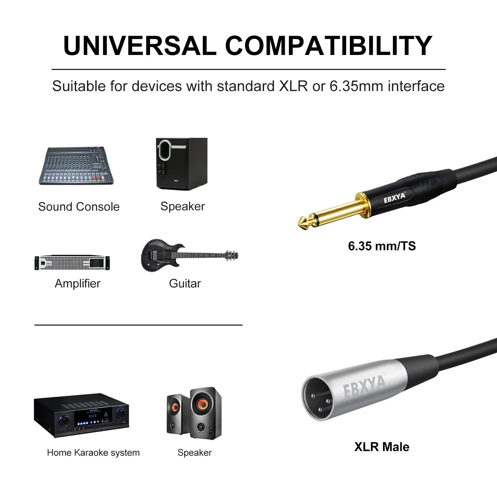 EBXYA XLR Male to 1/4 Inch TS Mono Unbalanced Microphone Cable 6Ft, 6.35mm to XLR Cable, 2 PCS 2 Packs of TS to XLR Male 6 FT - Image 2