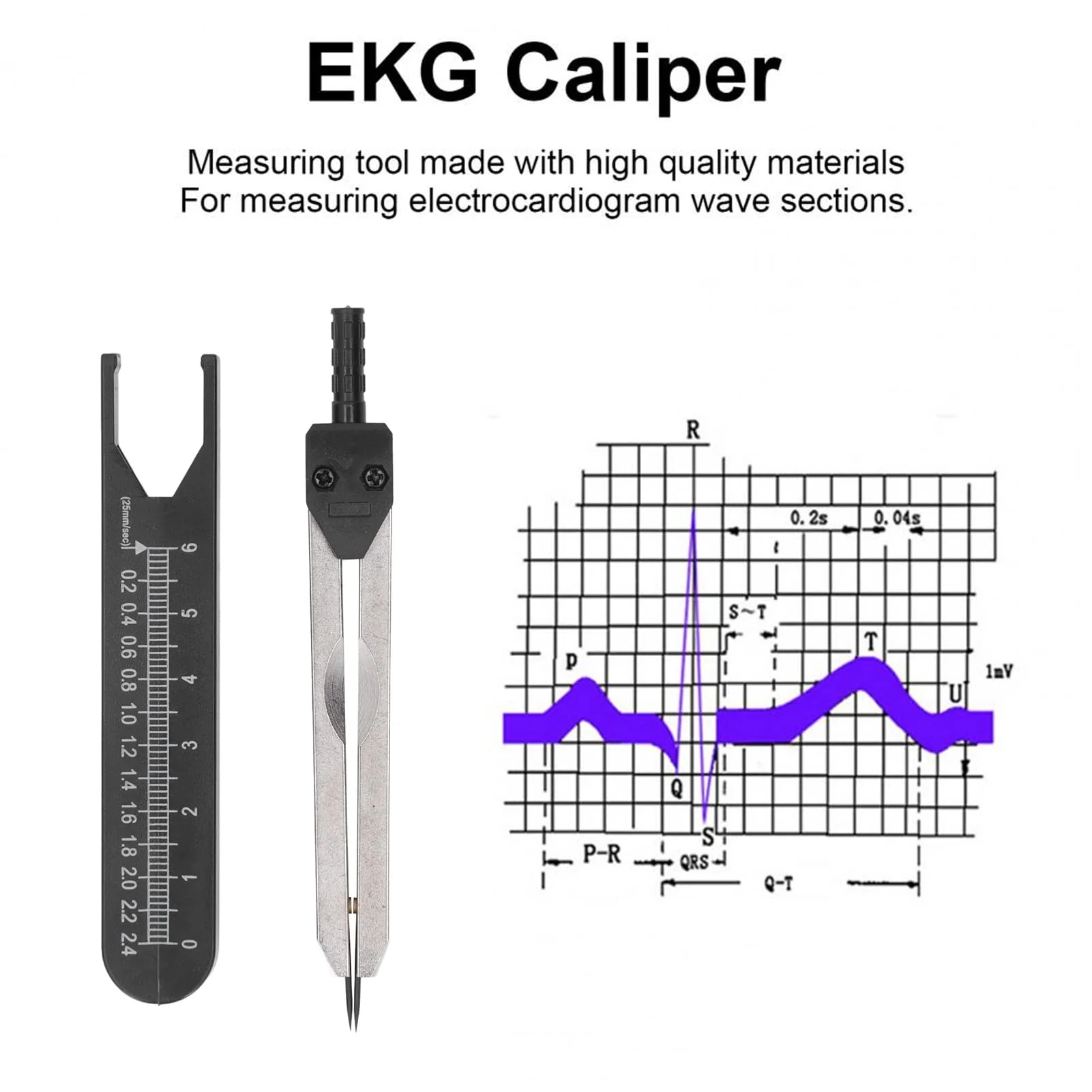 ECG Tool, ECG Vernier Caliper, Measuring Tool with Ruler, Electrocardiogram Design Divider for Nursing (Black), Brake Calipers (Black) - Image 2
