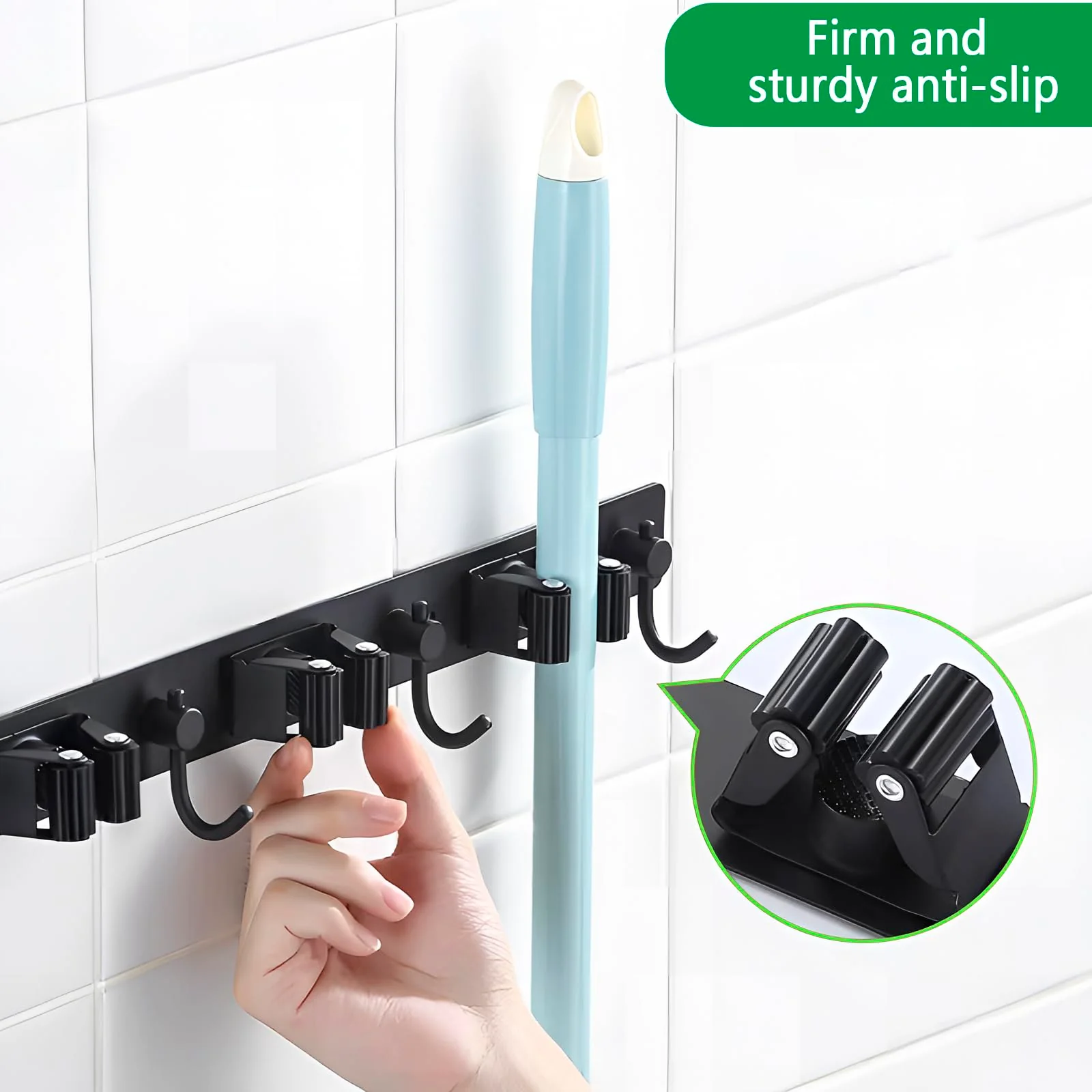 ECHOBUY soporte escobas Broom Holder Wall - Set of 5 Holders + 4 Hooks, Heavy Duty Device Holder, Self-Adhesive or Can be Installed with Nails, Ideal as a Broom Holder and for Other Garden Tools - Image 3