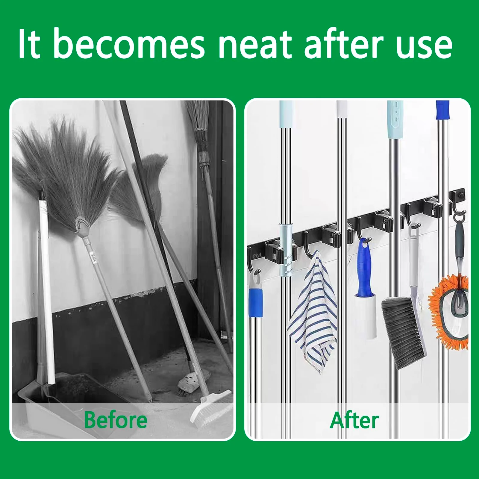 ECHOBUY soporte escobas Broom Holder Wall - Set of 5 Holders + 4 Hooks, Heavy Duty Device Holder, Self-Adhesive or Can be Installed with Nails, Ideal as a Broom Holder and for Other Garden Tools - Image 4