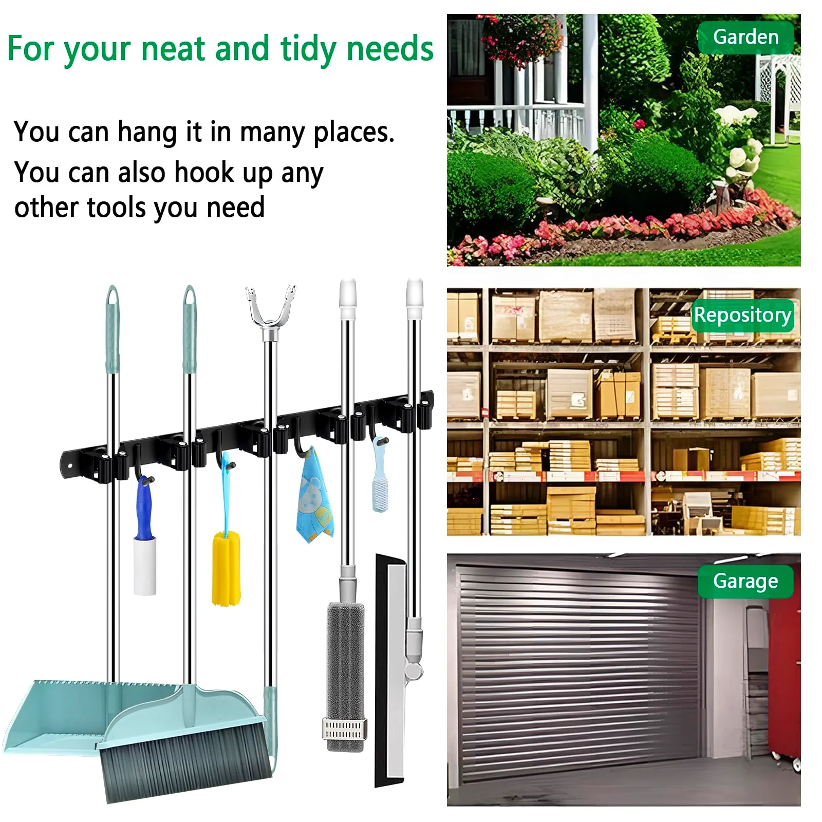 ECHOBUY soporte escobas Broom Holder Wall - Set of 5 Holders + 4 Hooks, Heavy Duty Device Holder, Self-Adhesive or Can be Installed with Nails, Ideal as a Broom Holder and for Other Garden Tools - Image 6