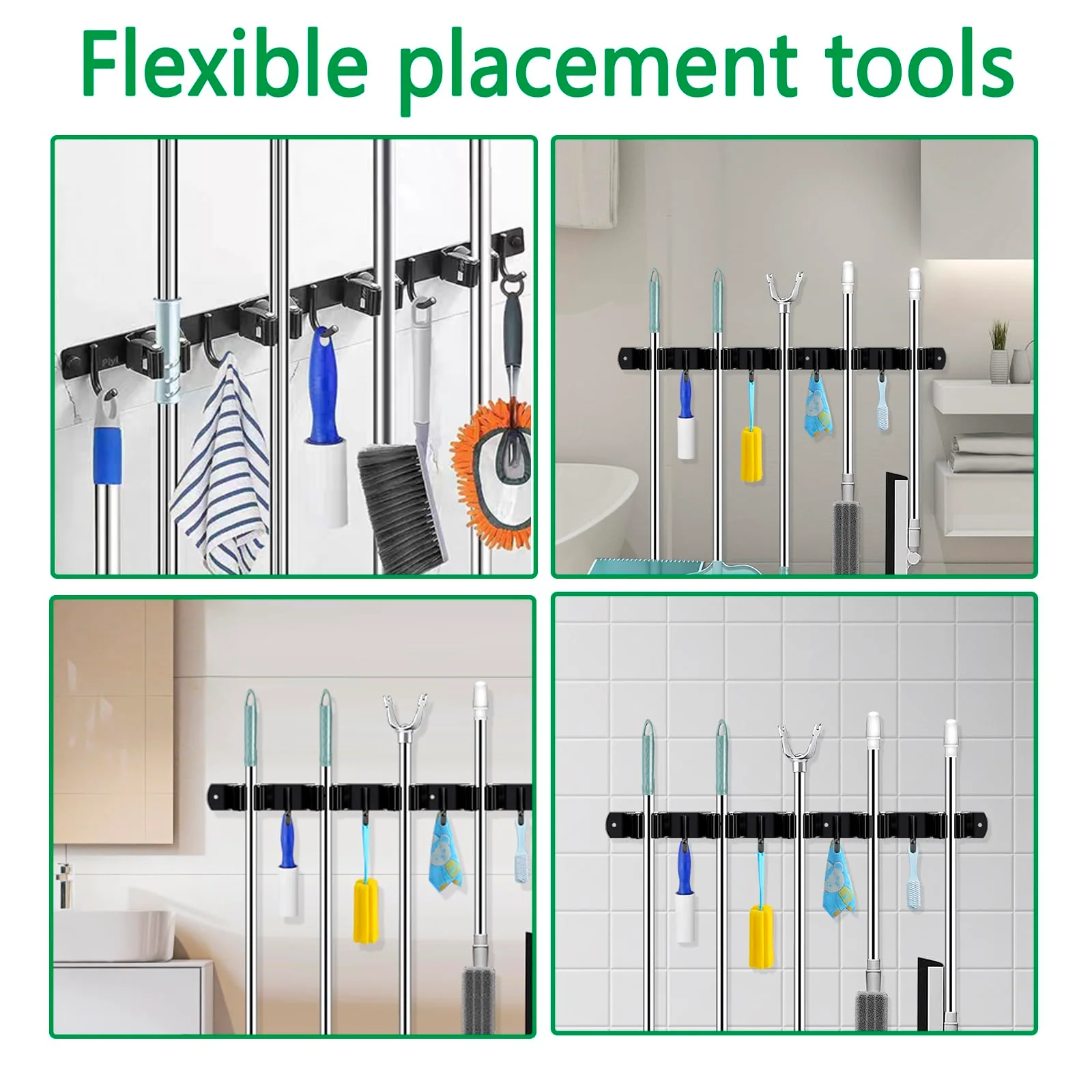 ECHOBUY soporte escobas Broom Holder Wall - Set of 5 Holders + 4 Hooks, Heavy Duty Device Holder, Self-Adhesive or Can be Installed with Nails, Ideal as a Broom Holder and for Other Garden Tools - Image 7