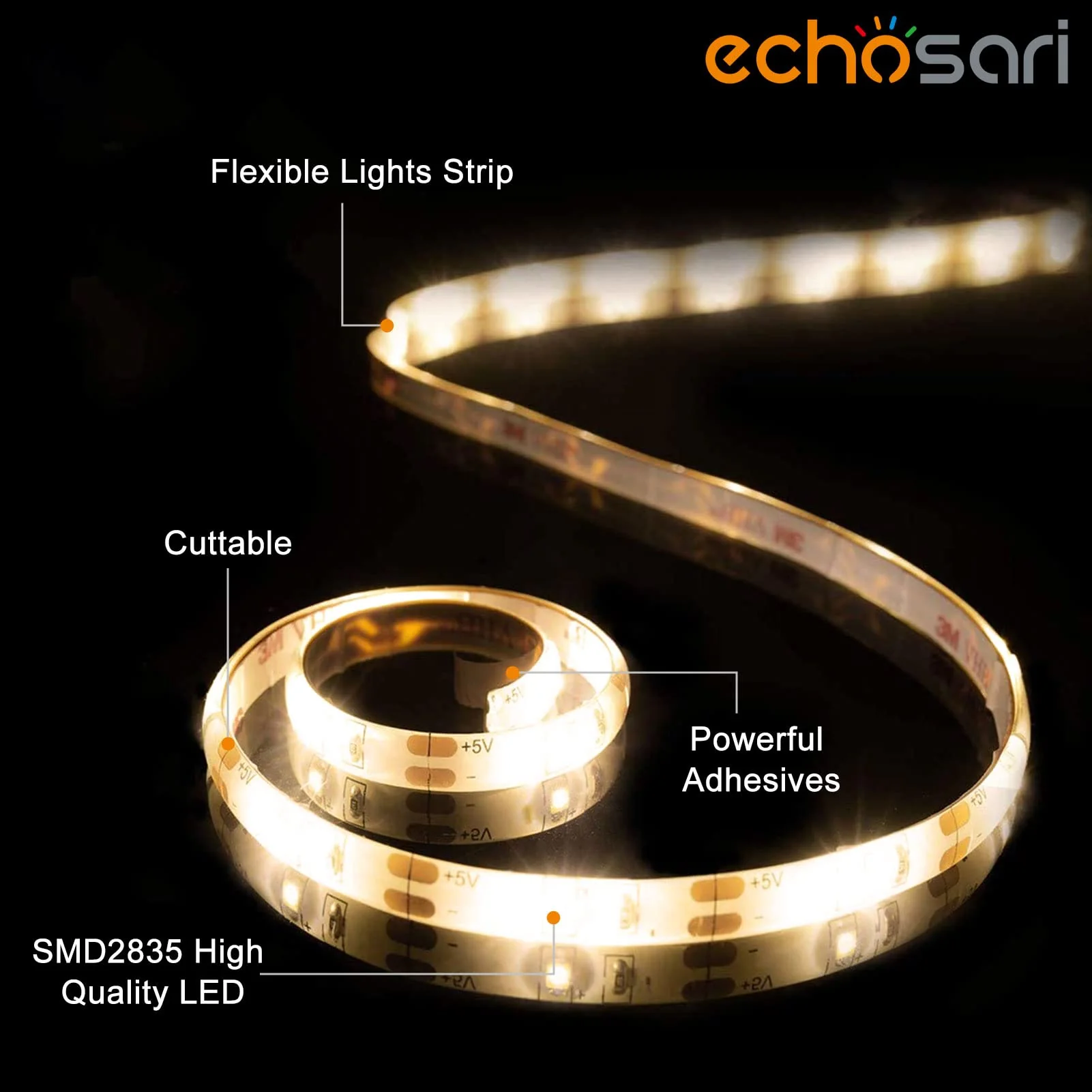 echosari Battery Powered Led Strip Lights with Remote Warm White, 8 Modes, Dimmable, Timer, Self-Adhesive, Cuttable, Waterproof, 9.8FT 90Led Strip Lights for TV Kitchen Cupboard Bedroom Decor - Image 3