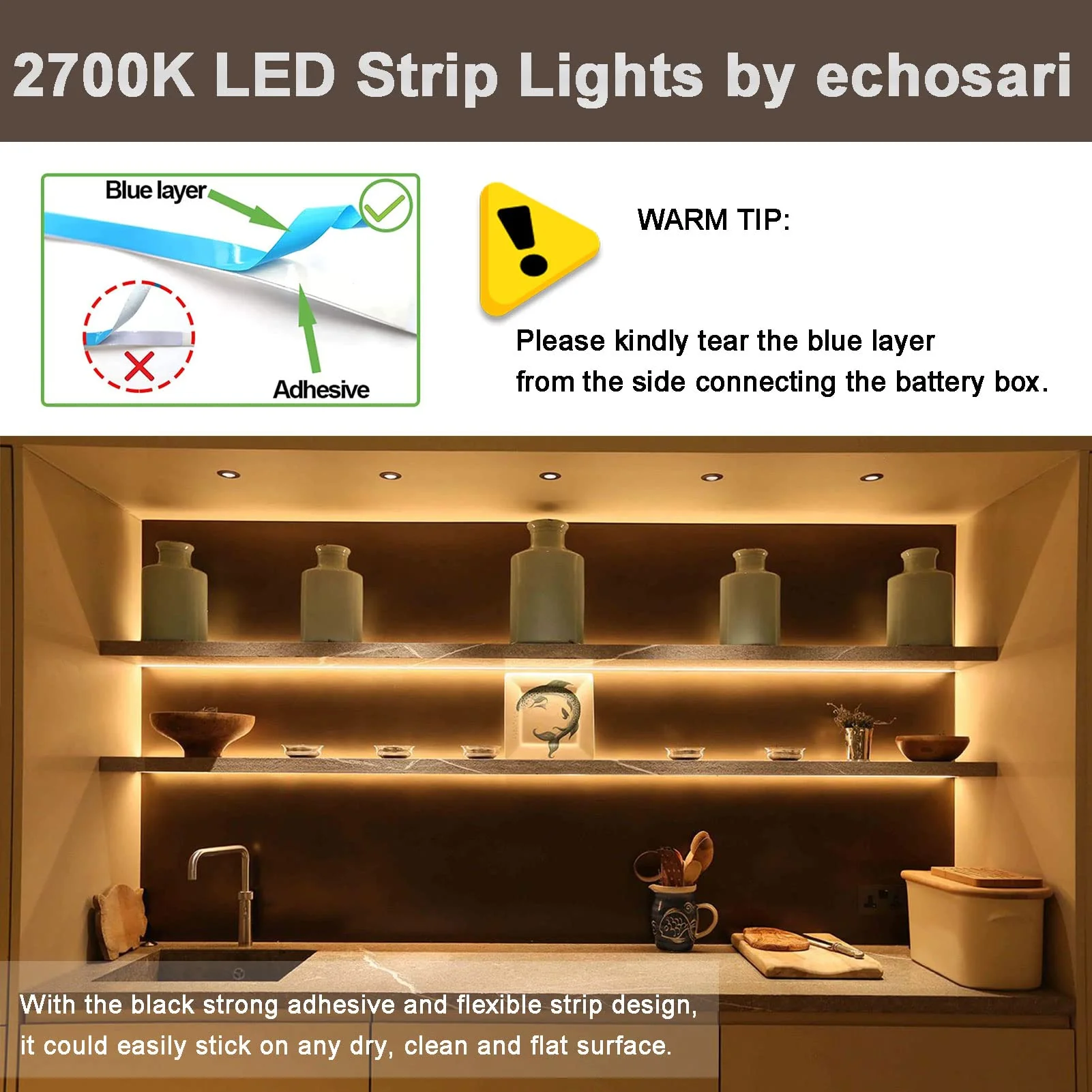 echosari Battery Powered Led Strip Lights with Remote Warm White, 8 Modes, Dimmable, Timer, Self-Adhesive, Cuttable, Waterproof, 9.8FT 90Led Strip Lights for TV Kitchen Cupboard Bedroom Decor - Image 5