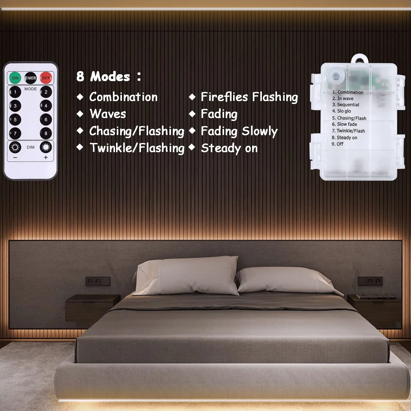 echosari Battery Powered Led Strip Lights with Remote Warm White, 8 Modes, Dimmable, Timer, Self-Adhesive, Cuttable, Waterproof, 9.8FT 90Led Strip Lights for TV Kitchen Cupboard Bedroom Decor - Image 6