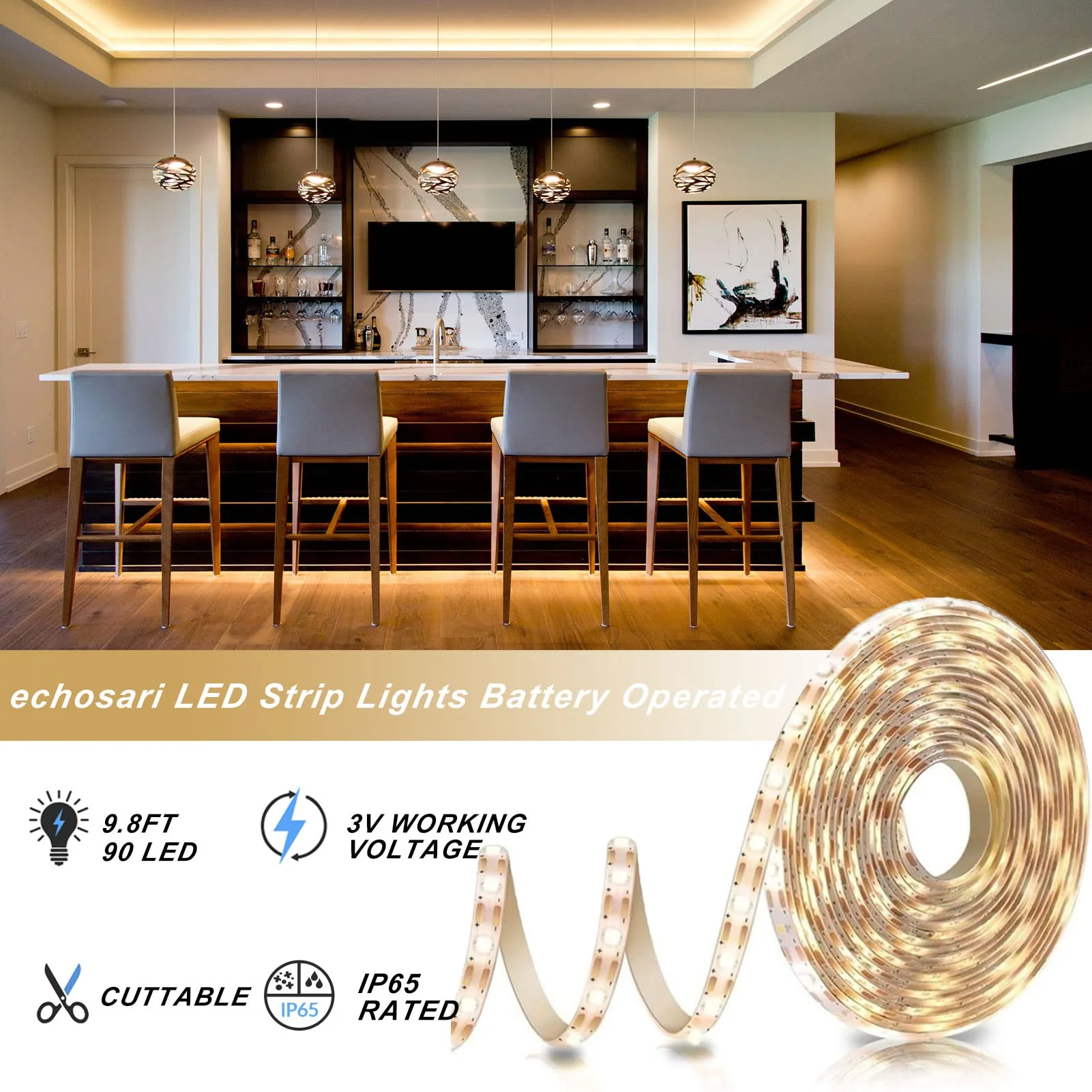 echosari Battery Powered Led Strip Lights with Remote Warm White, 8 Modes, Dimmable, Timer, Self-Adhesive, Cuttable, Waterproof, 9.8FT 90Led Strip Lights for TV Kitchen Cupboard Bedroom Decor - Image 7
