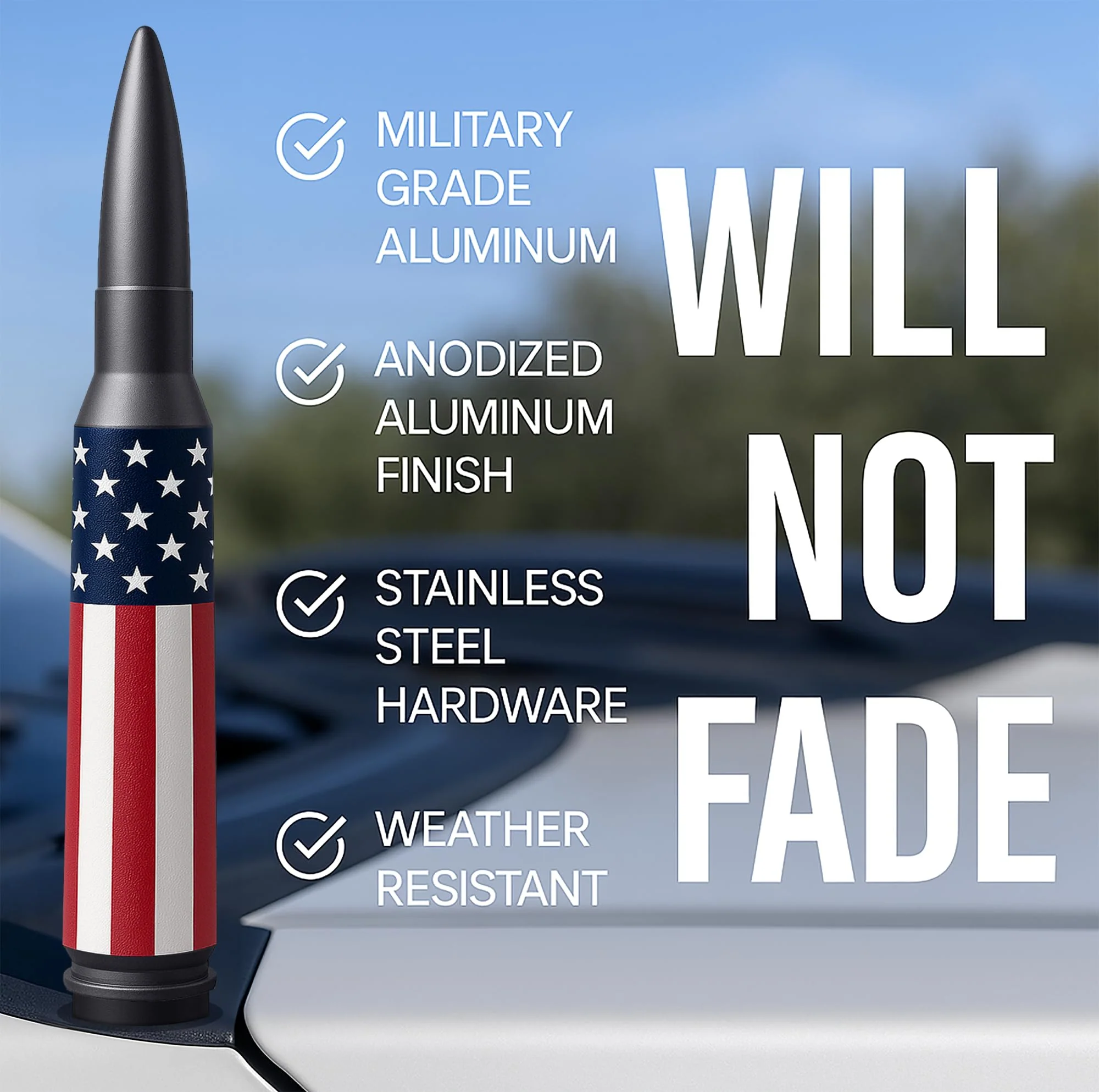 EcoAuto Bullet Antenna Replacement for Dodge Ram & Ford F150 F250 F350 Super Duty Ford Raptor Bronco Trucks - Anti-Theft Design - Radio Antenna for Truck 1990 - Current (American Flag) American Flag - Image 2
