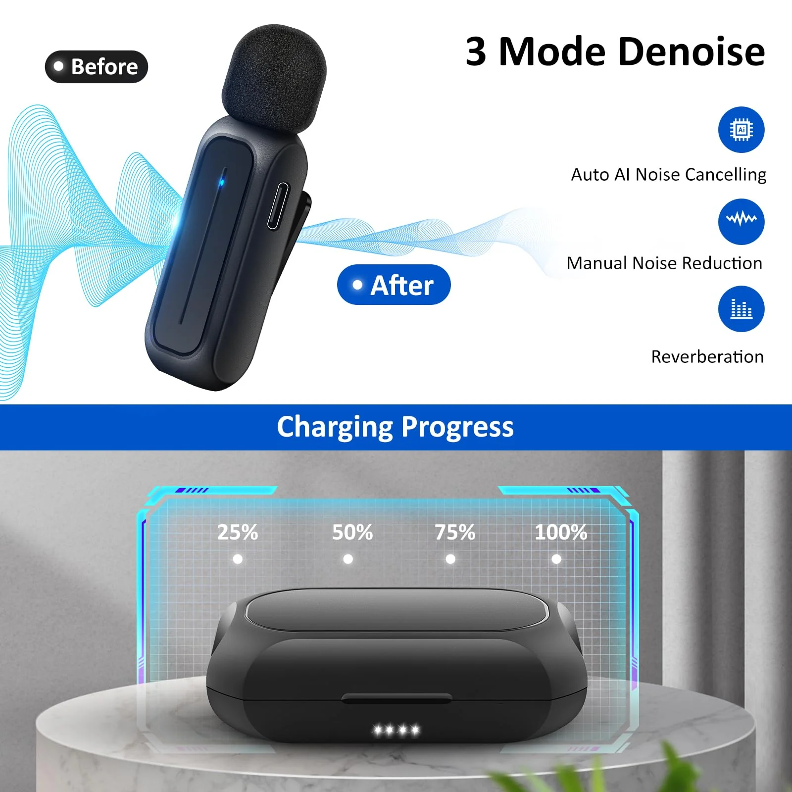 Ecomxia 2 Pcs Wireless Lavalier Microphone for iPhone iPad Android with Charging Case 7H Clip on Lapel Microphone Wireless for Video Recording Vlogging, YouTube, Interview, 3 Mode Denoise, 70ft Black - Image 2