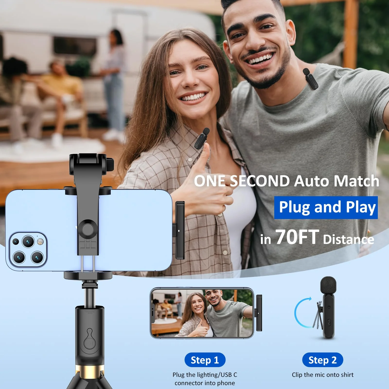 Ecomxia 2 Pcs Wireless Lavalier Microphone for iPhone iPad Android with Charging Case 7H Clip on Lapel Microphone Wireless for Video Recording Vlogging, YouTube, Interview, 3 Mode Denoise, 70ft Black - Image 3