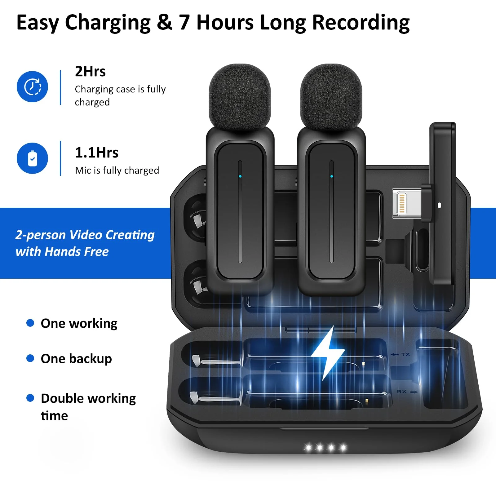 Ecomxia 2 Pcs Wireless Lavalier Microphone for iPhone iPad Android with Charging Case 7H Clip on Lapel Microphone Wireless for Video Recording Vlogging, YouTube, Interview, 3 Mode Denoise, 70ft Black - Image 5