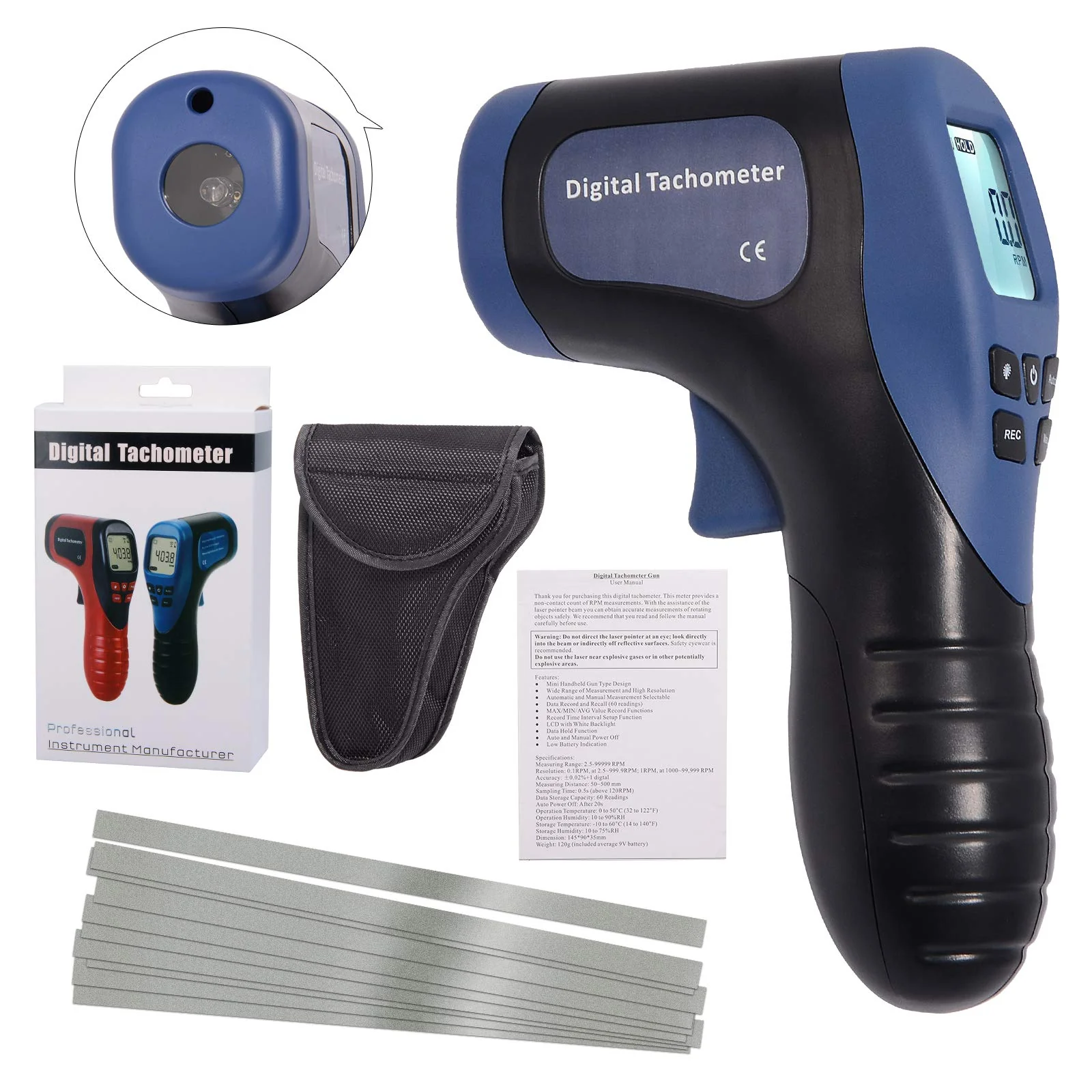 EHDIS Digital LCD Photo Tachometer Non-Contact RPM Meter Motor Speed Gauge Gun Style Includes 10 Reflective Tapes - Image 7
