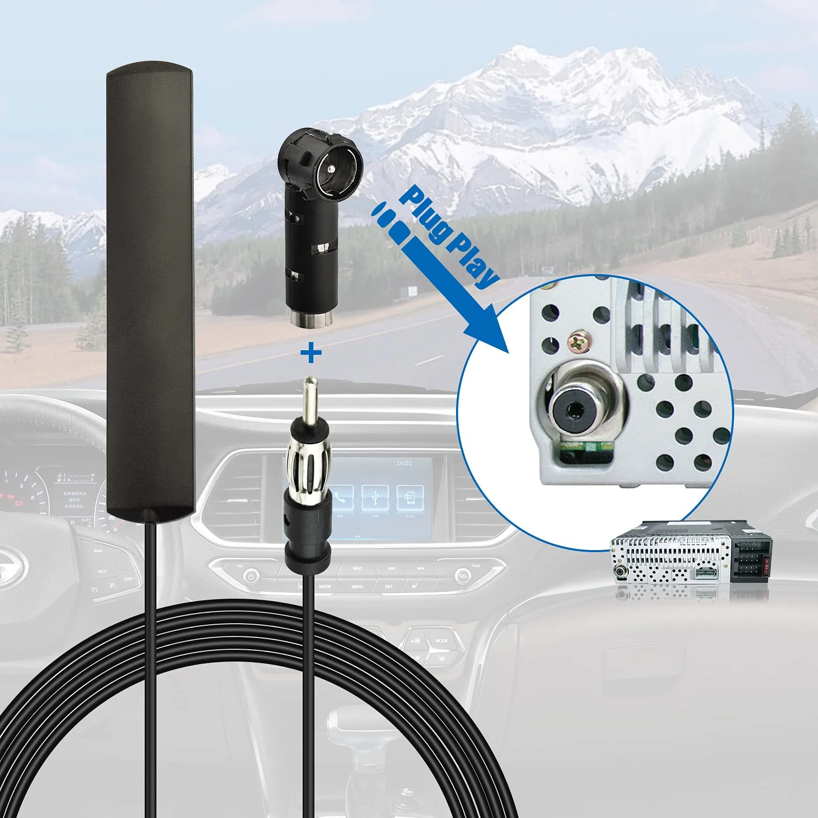 Eightwood Car Stereo FM Radio Antenna, Hidden Windshield Antenna, DIN Plug Adhesive Patch Antenna + Motorola DIN Female to ISO Adapter for Vehicle Car Truck Stereo Receiver Head Unit FM HD Radio - Image 3