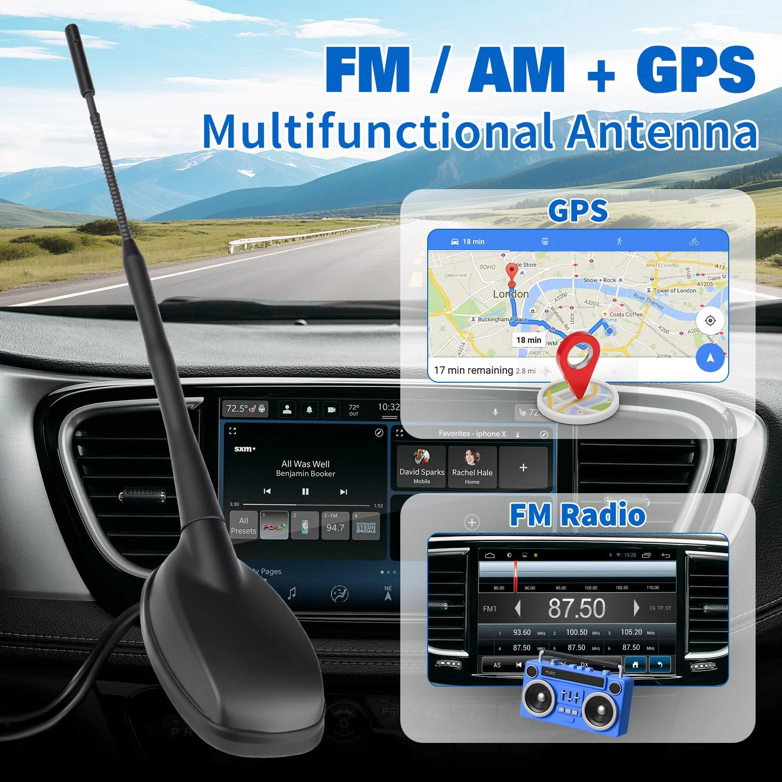 Eightwood FM/AM + GPS Car Combo Antenna, Amplified FM AM Radio Antenna and GPS SMA Antennae with 16.4 feet Cable for Car Truck SUV Marine Boat Radio Stereo Receiver Head Unit Navigation System - Image 2