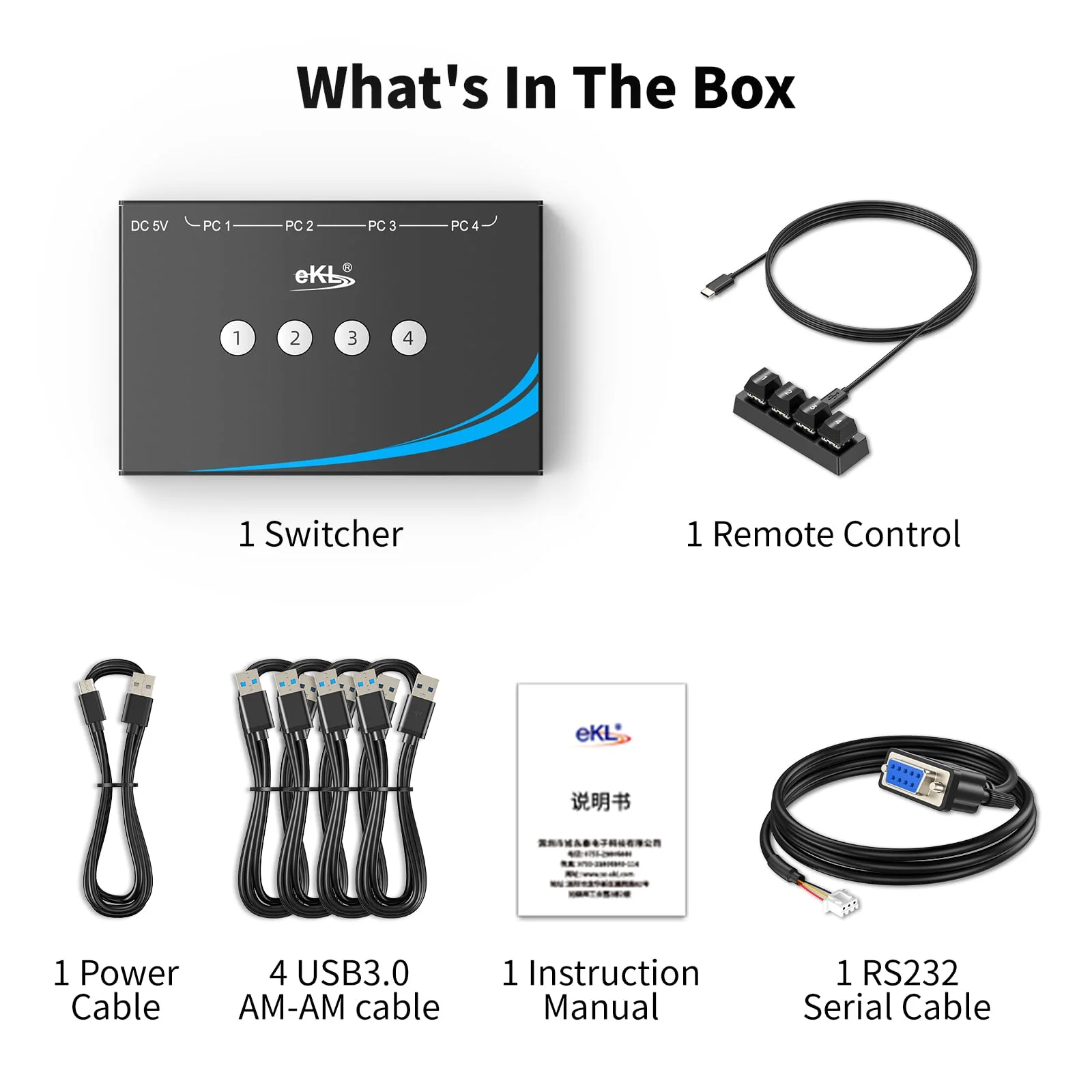 eKL USB 3.0 Switch 4 Computers Sharing Mouse Keyboard Printer Scanner, 4 Port USB Switcher with RS232 Serial Switching, Remote Controller, 3.5mm Mic & Headset Audio Jack, 4 USB 3.0 Cables Included USB3.0 with remote and RS232 cable - Image 8