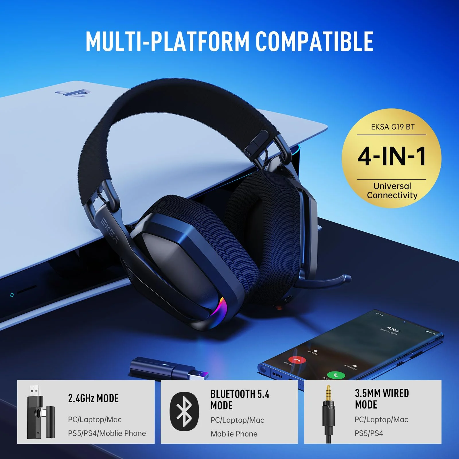 EKSA 2.4GHz Wireless Gaming Headset for PS5/PS4, PC, Switch, Mac, Bluetooth 5.4 Gaming Headphones with Noise Cancelling Microphone, 169g Ultralight, RGB, Type-C, 35H Battery, Wired Computer Headphones Black - Image 2