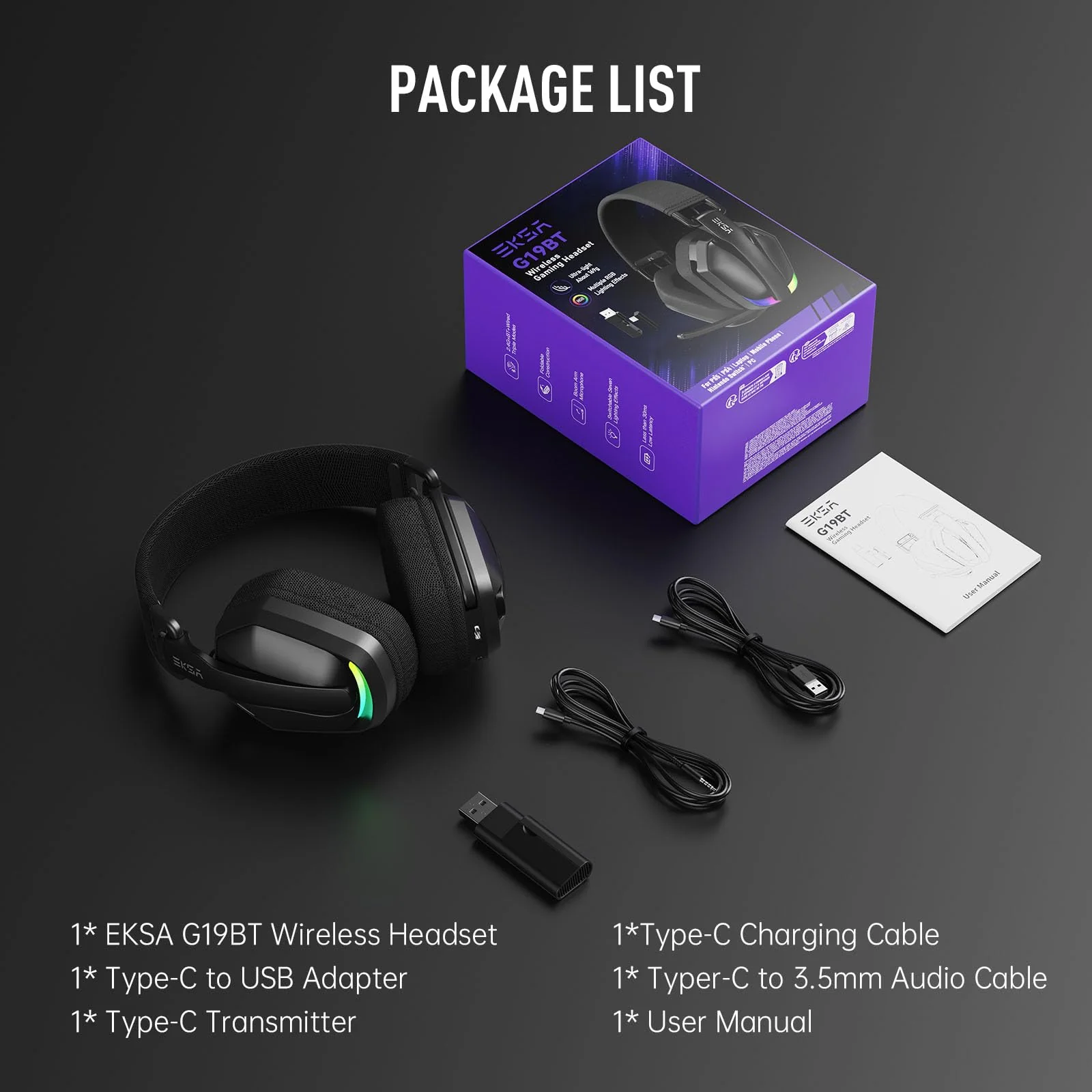 EKSA 2.4GHz Wireless Gaming Headset for PS5/PS4, PC, Switch, Mac, Bluetooth 5.4 Gaming Headphones with Noise Cancelling Microphone, 169g Ultralight, RGB, Type-C, 35H Battery, Wired Computer Headphones Black - Image 9