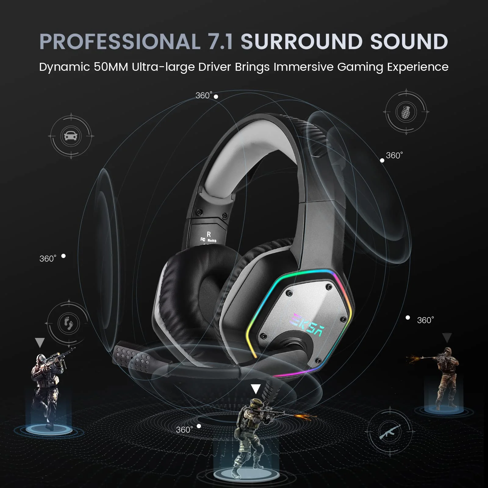 EKSA E1000 USB Gaming Headset for PC, Computer Headphones with Microphone/Mic Noise Cancelling, 7.1 Surround Sound, RGB Light - Wired Headphones for PS4, PS5 Console, Laptop, Call Center Grey - Image 3