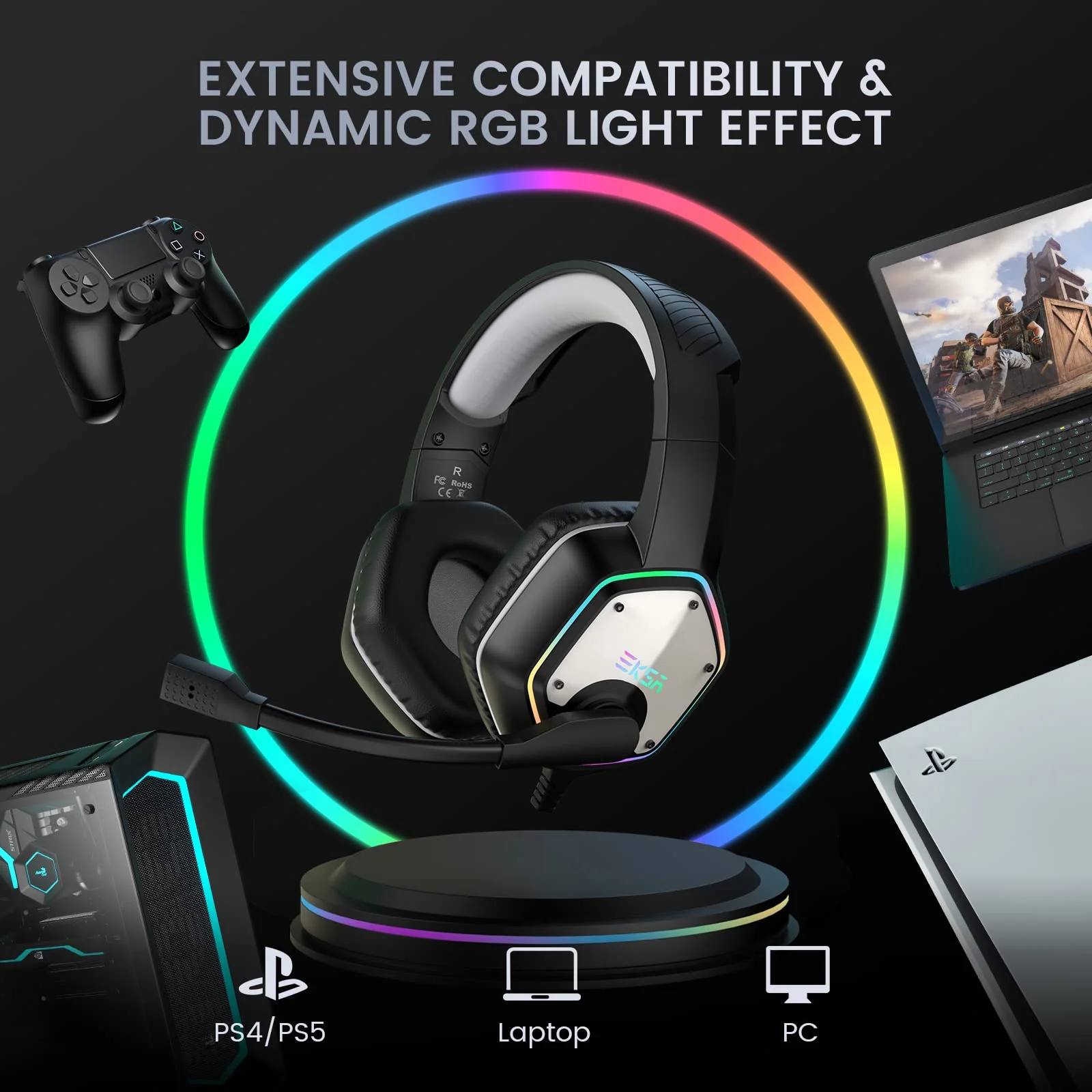 EKSA E1000 USB Gaming Headset for PC, Computer Headphones with Microphone/Mic Noise Cancelling, 7.1 Surround Sound, RGB Light - Wired Headphones for PS4, PS5 Console, Laptop, Call Center Grey - Image 7