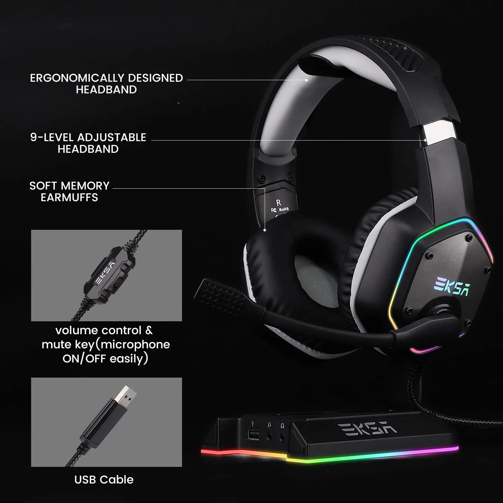 EKSA E1000 USB Gaming Headset for PC, Computer Headphones with Microphone/Mic Noise Cancelling, 7.1 Surround Sound, RGB Light - Wired Headphones for PS4, PS5 Console, Laptop, Call Center Grey - Image 9
