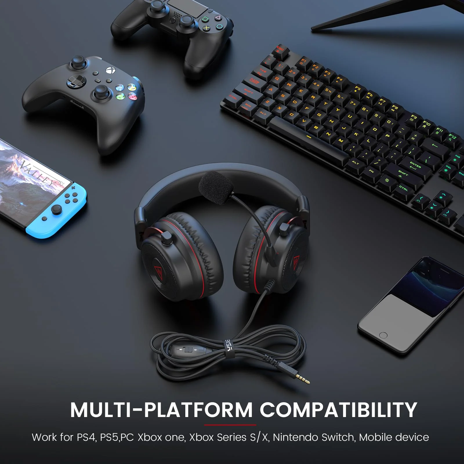 EKSA E900 Gaming Headset with Microphone - PC Headset with Detachable Noise Canceling Mic, 3D Surround Sound, Wired Headphone for PS4, PS5, Xbox, Computer, Laptop, Switch, Handheld (3.5MM Jack) Red - Image 6