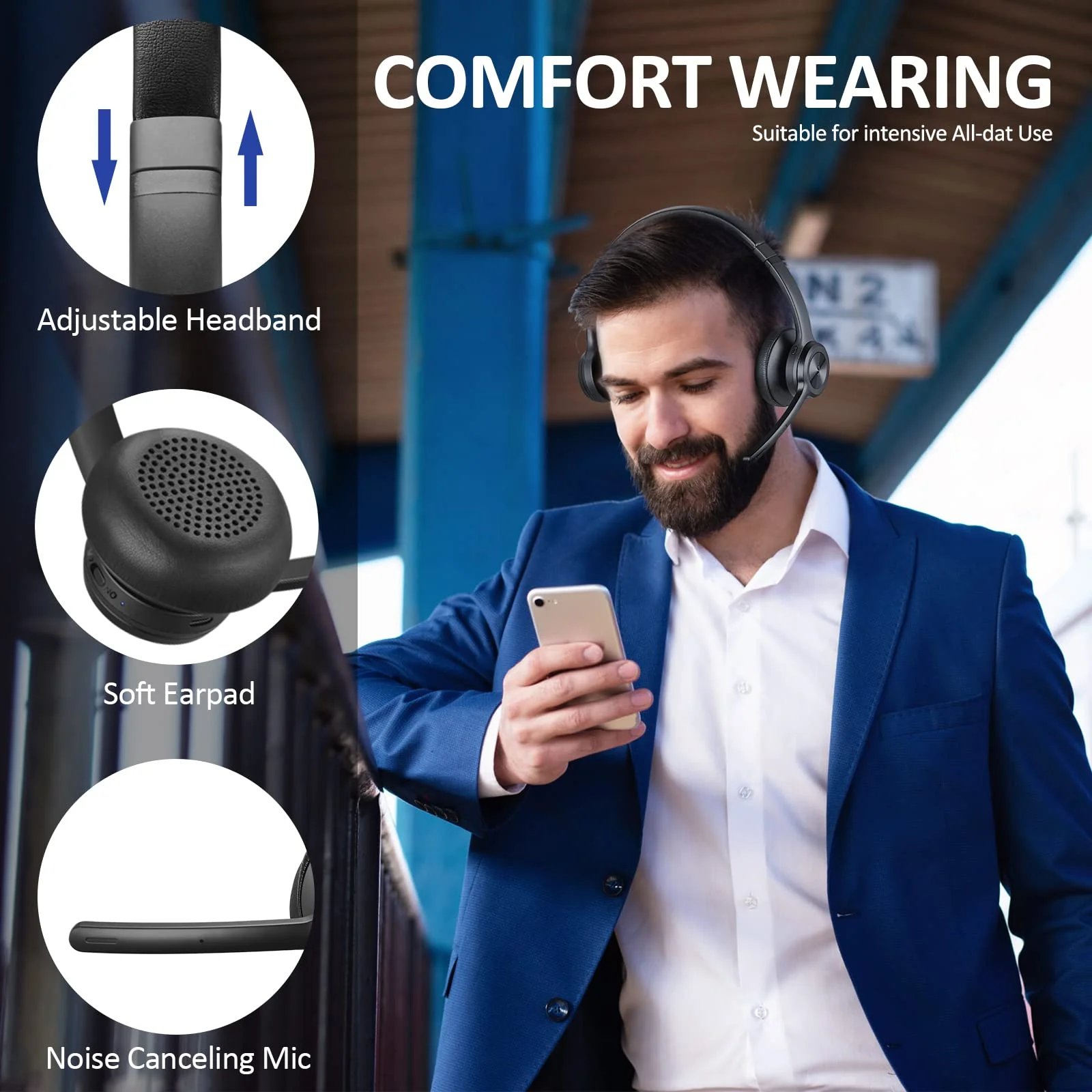 EKVANBEL Bluetooth Headset V5.2, Wireless Headphones with Noise Cancelling Microphone, On Ear Wireless Headset for Cell Phones Laptop Computer Black - Image 3