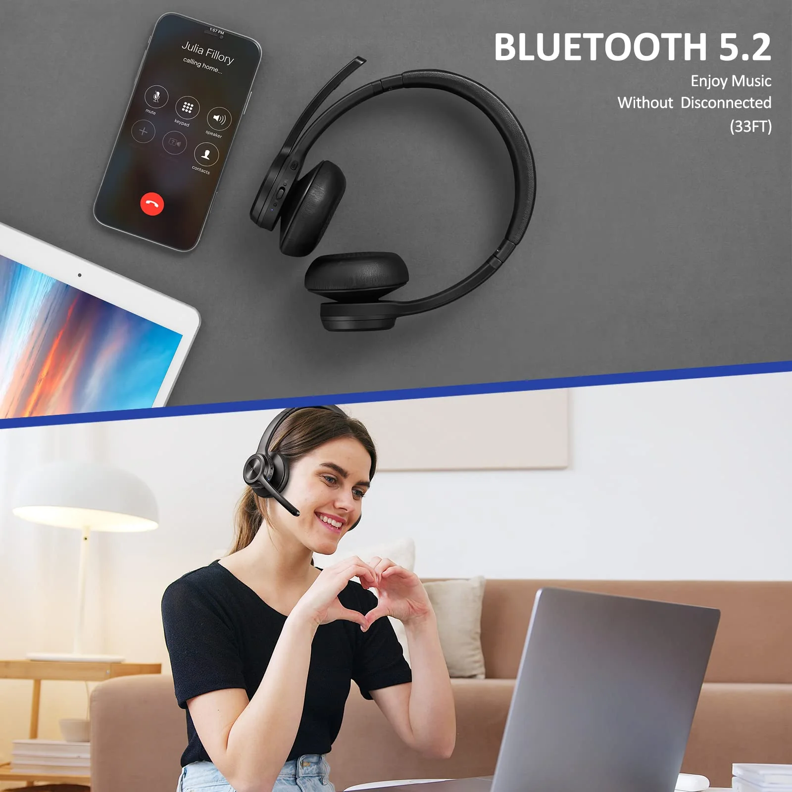 EKVANBEL Bluetooth Headset V5.2, Wireless Headphones with Noise Cancelling Microphone, On Ear Wireless Headset for Cell Phones Laptop Computer Black - Image 4