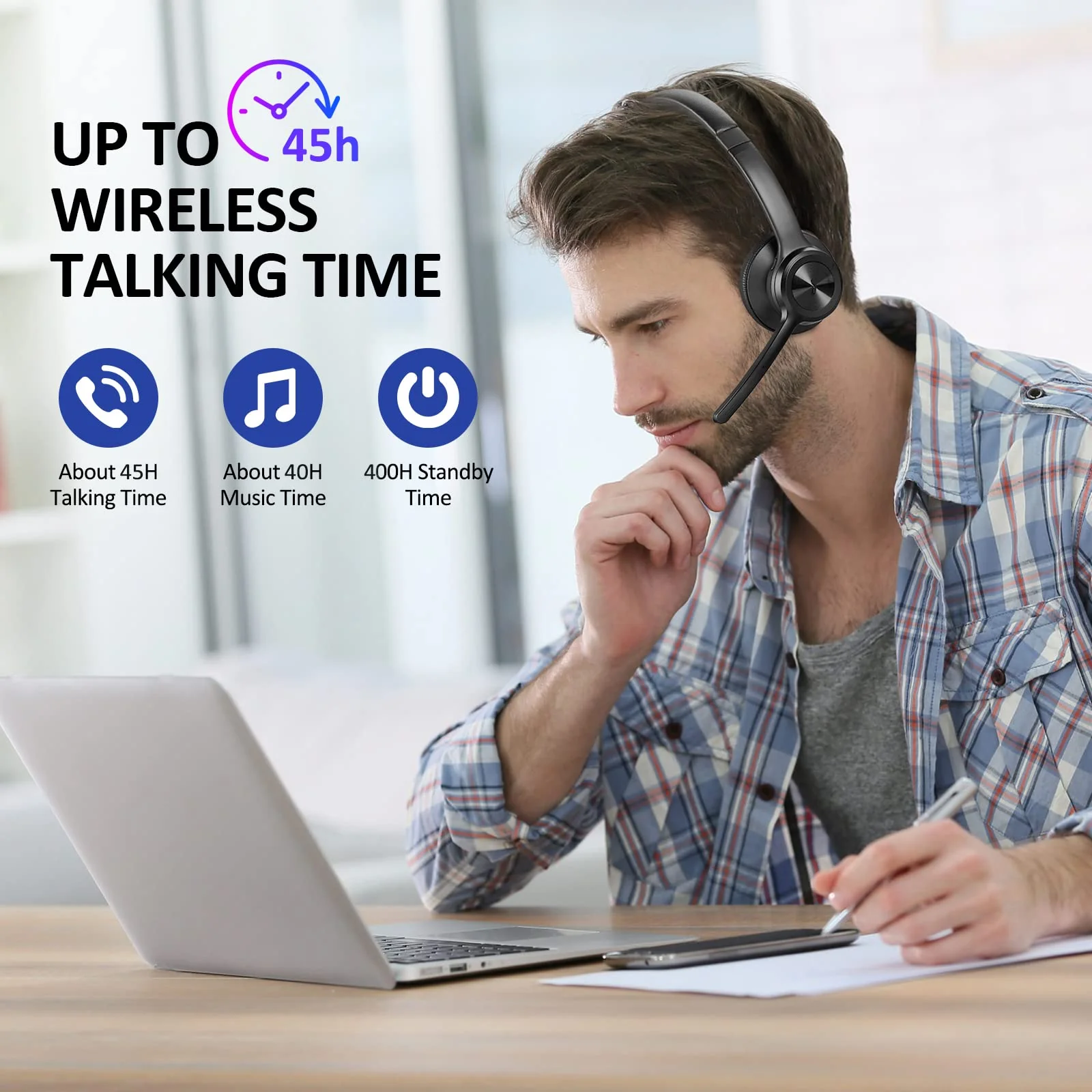 EKVANBEL Bluetooth Headset V5.2, Wireless Headphones with Noise Cancelling Microphone, On Ear Wireless Headset for Cell Phones Laptop Computer Black - Image 6