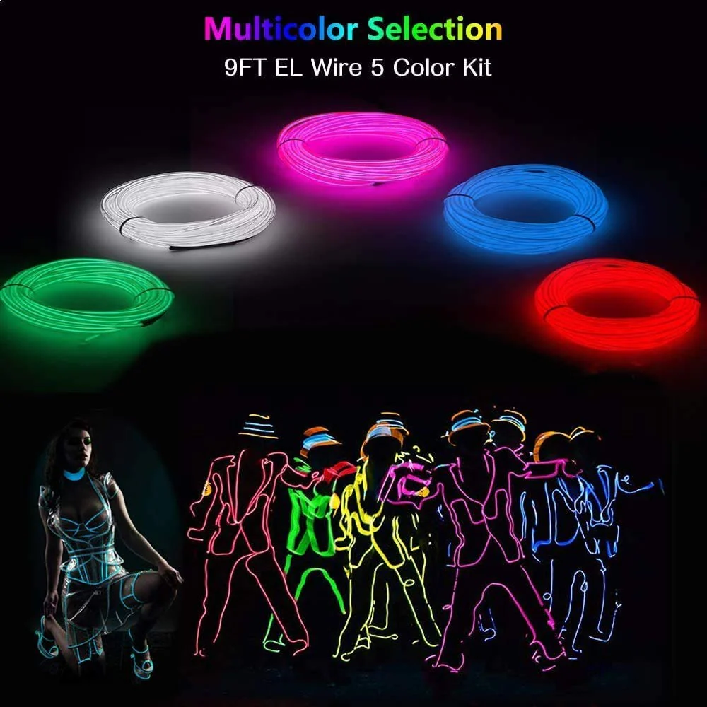 EL Wire 5 Pack, 9ft Neon Light Wire Noise Reduction with Battery Pack(Green, Blue, Red, White, Pink)â€¦ (9ft) - Image 2