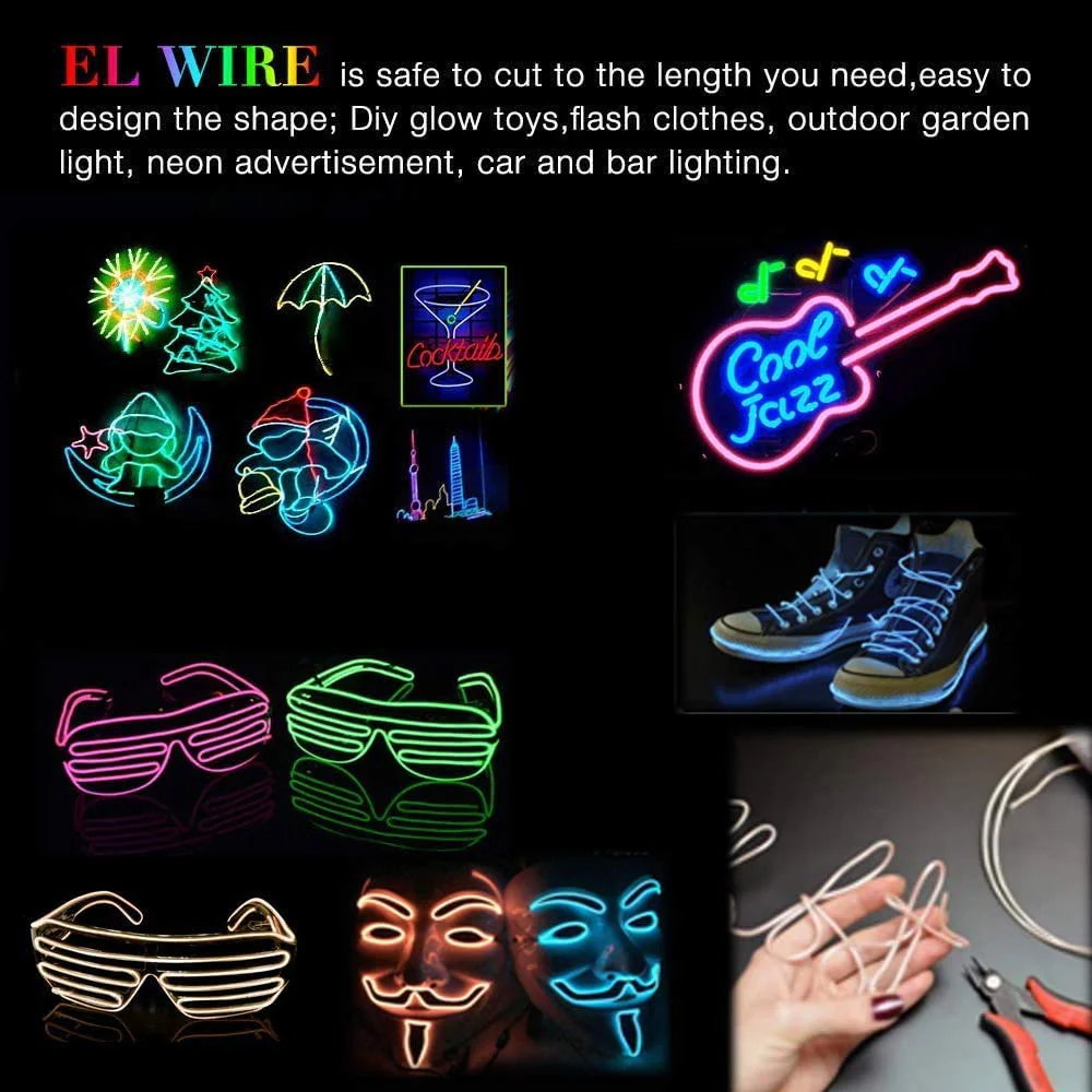 EL Wire 5 Pack, 9ft Neon Light Wire Noise Reduction with Battery Pack(Green, Blue, Red, White, Pink)â€¦ (9ft) - Image 5