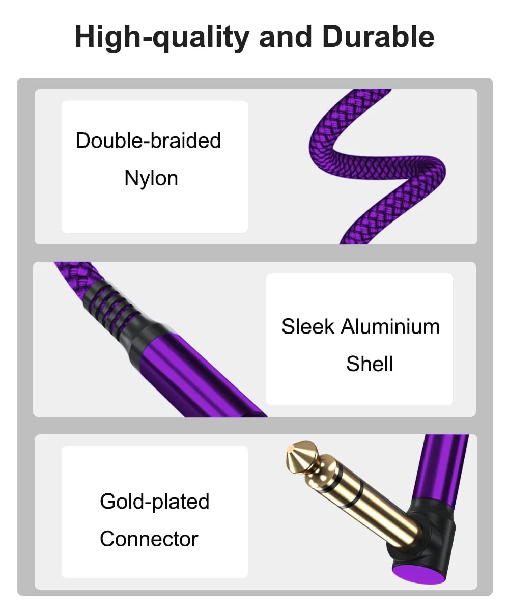 Elebase 1/4 Inch TRS Instrument Cable 10ft 2-Pack,Right-Angled to Straight 6.35mm Male Jack Stereo Audio Cord,6.35 Balanced Interconnect Line for Electric Guitar,Bass,Keyboard,Mixer,Amplifier,Speaker 10FT/3M Purple - Image 2