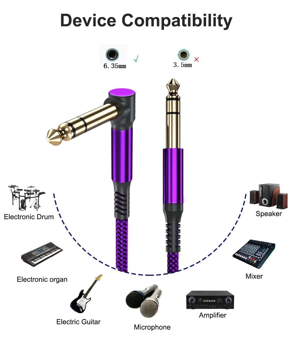 Elebase 1/4 Inch TRS Instrument Cable 10ft 2-Pack,Right-Angled to Straight 6.35mm Male Jack Stereo Audio Cord,6.35 Balanced Interconnect Line for Electric Guitar,Bass,Keyboard,Mixer,Amplifier,Speaker 10FT/3M Purple - Image 3