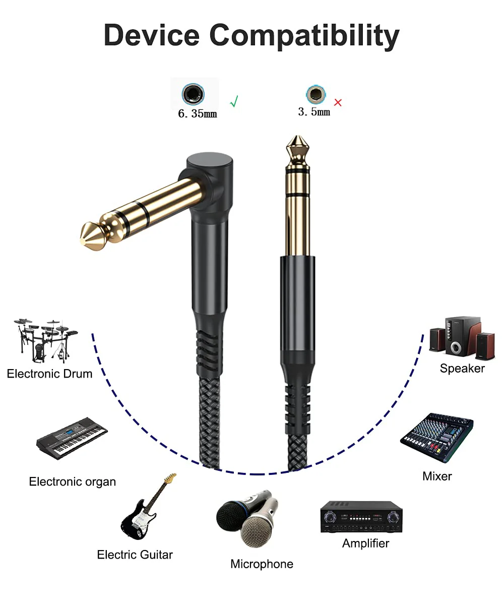 Elebase 1/4 Inch TRS Instrument Cable 20ft 2-Pack,Right-Angled to Straight 6.35mm Male Jack Stereo Audio Cord,6.35 Balanced Interconnect Line for Electric Guitar,Bass,Keyboard,Mixer,Amplifier,Speaker 20FT/6M Black - Image 3